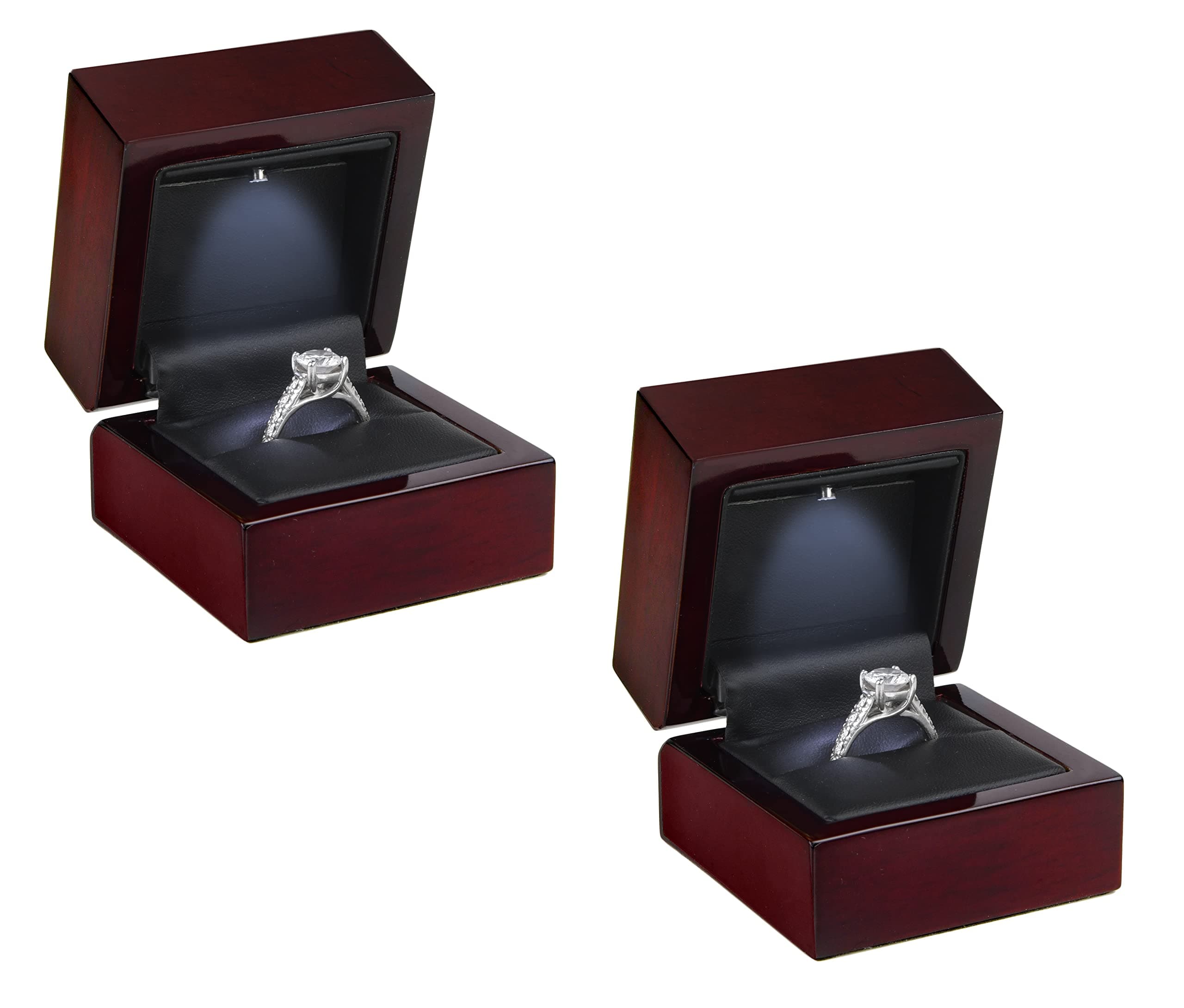 Allure - 2 Pack, Luxury Ring Box With LED Light, Authentic Mahogany Wood With Black Leatherette Insert, Square Elegant Diamond Ring Case For Unique Proposal Or Wedding, Small Jewelry Display Gift Box.