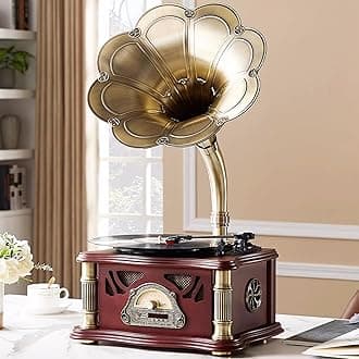 Vintage Gramophone with Bluetooth Input Vintage Record Players Retro Gramophone Turntables for 7" 9" 12" Vinyl Records 3 Speed, Hi-Fi, Handcrafted by Pure Oak (Walnut)