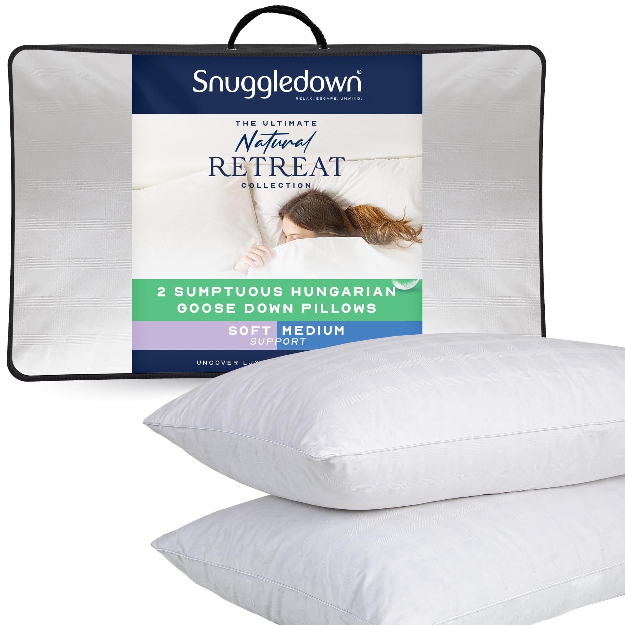 Snuggledown Hungarian Goose Down Pillows 2 Pack - 80:20 Ethically Sourced Fill for Front & Back Sleepers | Jacquard Cotton Cover, UK‑Made, Non-Allergenic & Washable (48 × 74 cm)