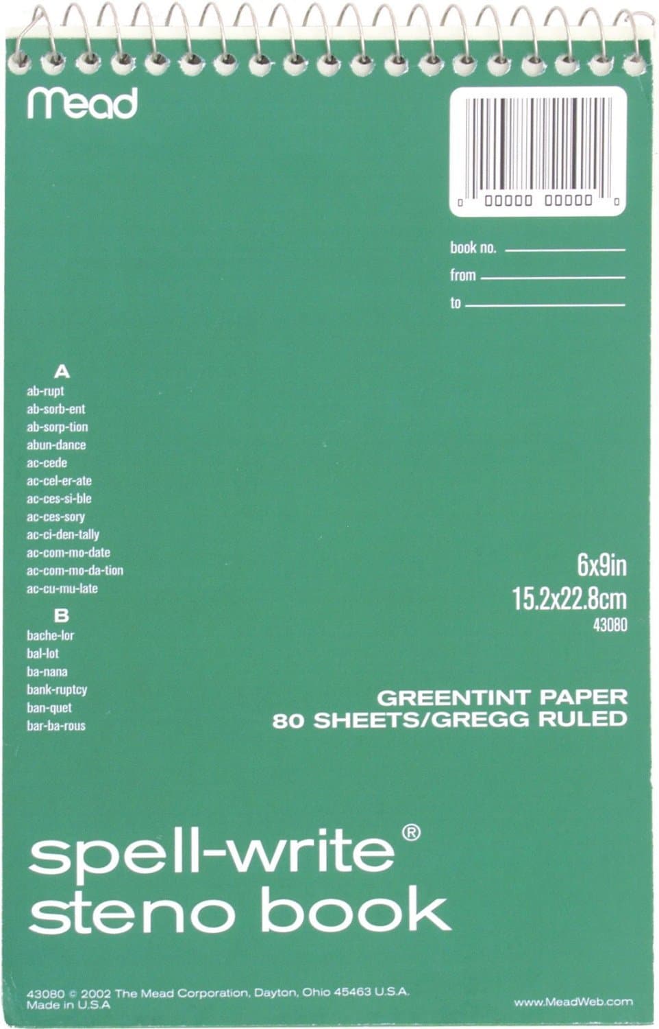 Spell-Write Steno Book, Gregg Rule, 6 x 9, Green, 80 Sheets/Pad
