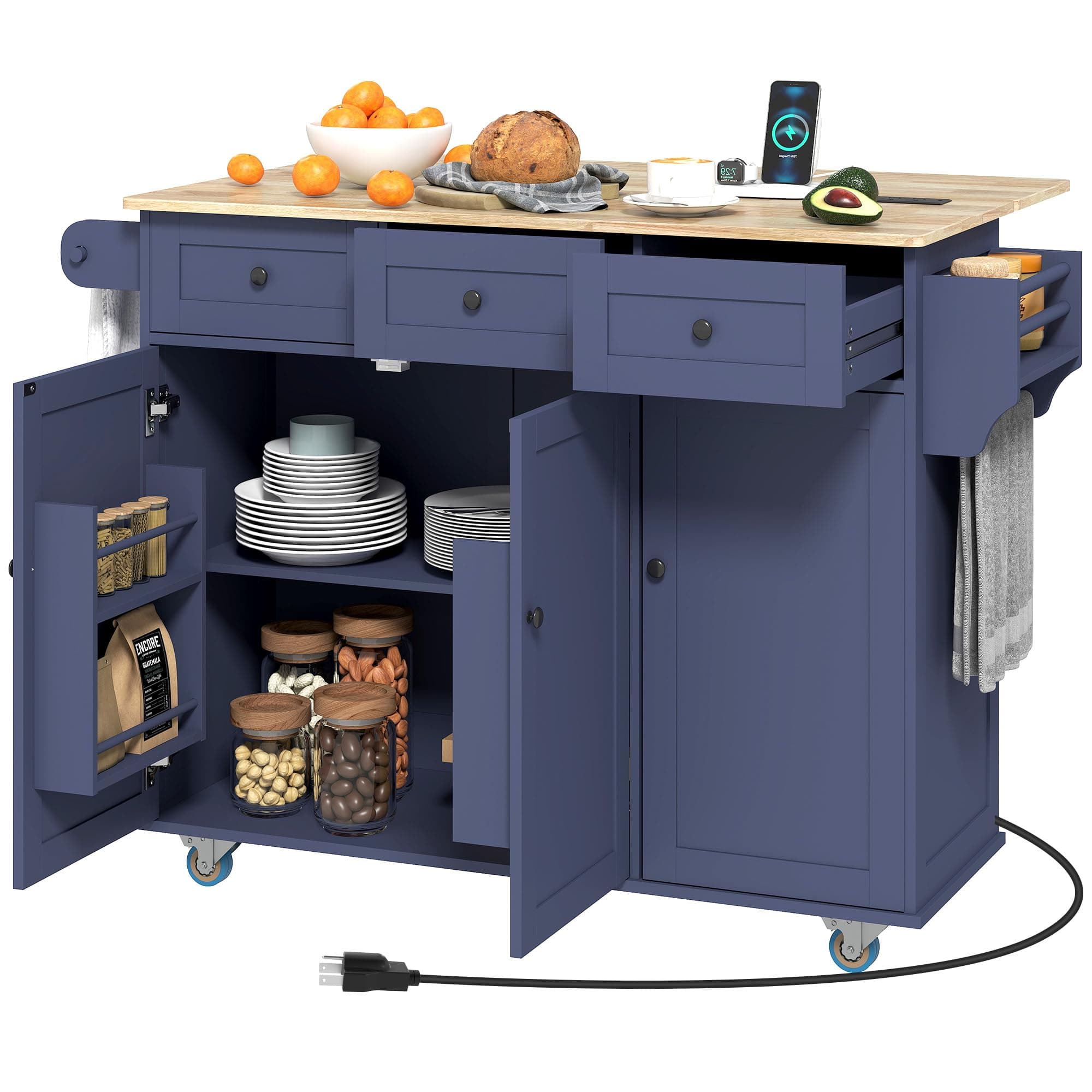 HOMCOM Rolling Kitchen Island with Power Outlet and Drop Leaf, 53" Island Table with Wood Top, 3 Drawers, Adjustable Shelf, Spice & Towel Rack, Kitchen Cart on Wheels, Dark Blue