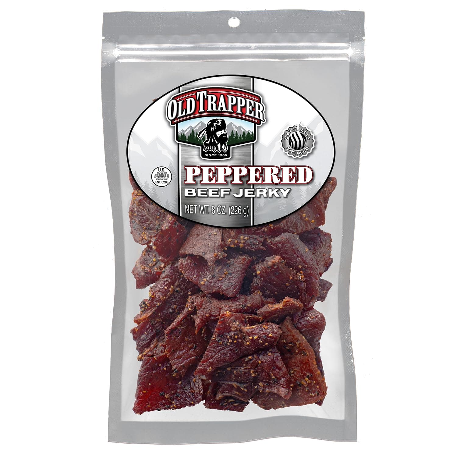 Beef Jerky, Peppered 8 Ounce Pack, Spicy Meat Snacks for Lunches or Between Meals, 11 Grams of Protein, Zero Grams of Fat, and 70 Calories per Serving (Pack of One)