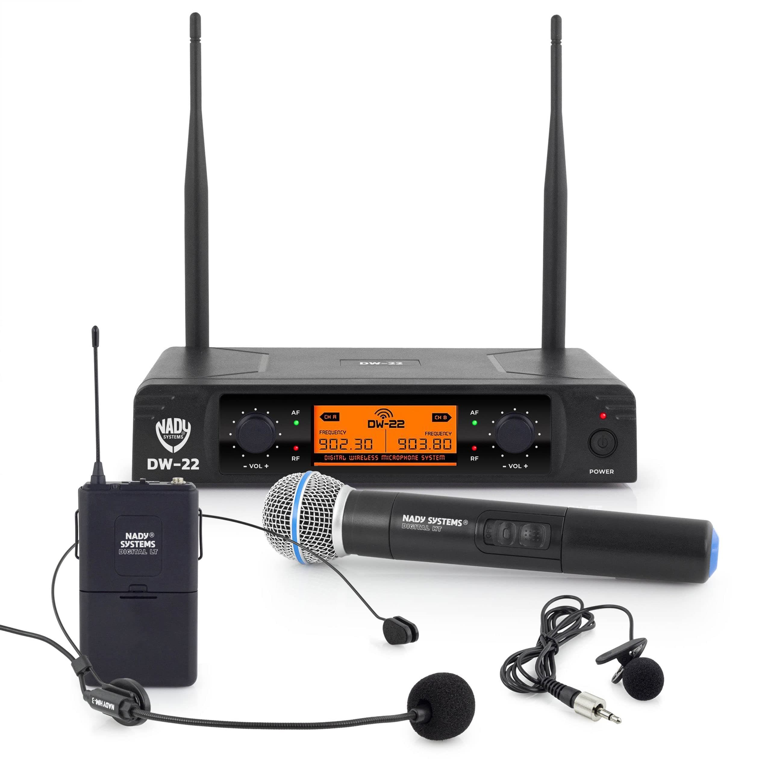 Nady DW-22-HT-LT-HM Dual Digital Wireless Handheld, Lapel & Headset Microphone System | 902.3MHz / 903.8MHz (Non-Adjustable), Plug and Play Set-up, and 300 ft. Range.