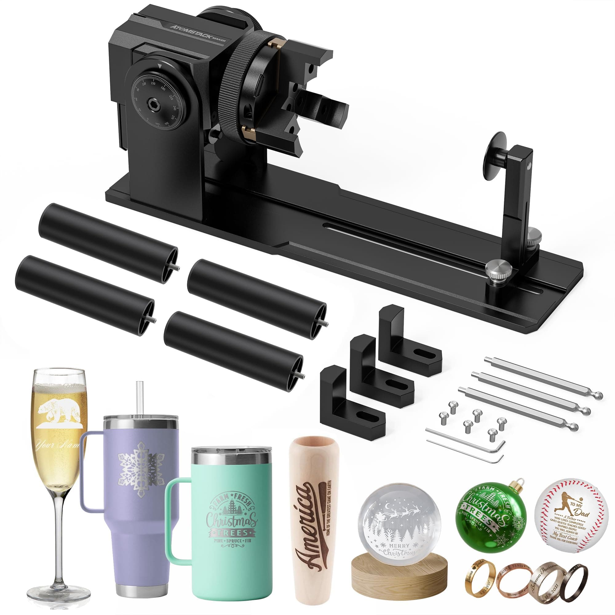 ATOMSTACK R1 V2 Laser Rotary Chuck Engraver Multi-Function Jaw Chuck Rotation Compatible with A6 A12 A24 Ultra Laser Engraver Y-axis Rotary Roller for Irregular Items Spherical & Cylindrical Objects