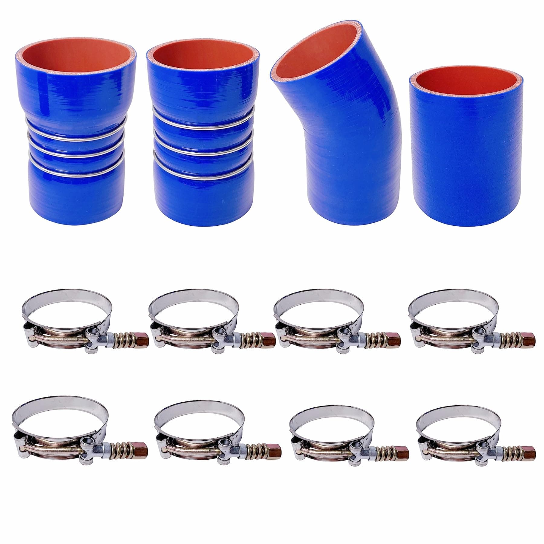 Turbo Intercooler Boots Kit with T-Bolt Clamp for Ford F250 F350 6.0L Diesel Powerstroke 2003-2007 (Outer Blue and Inner Red)