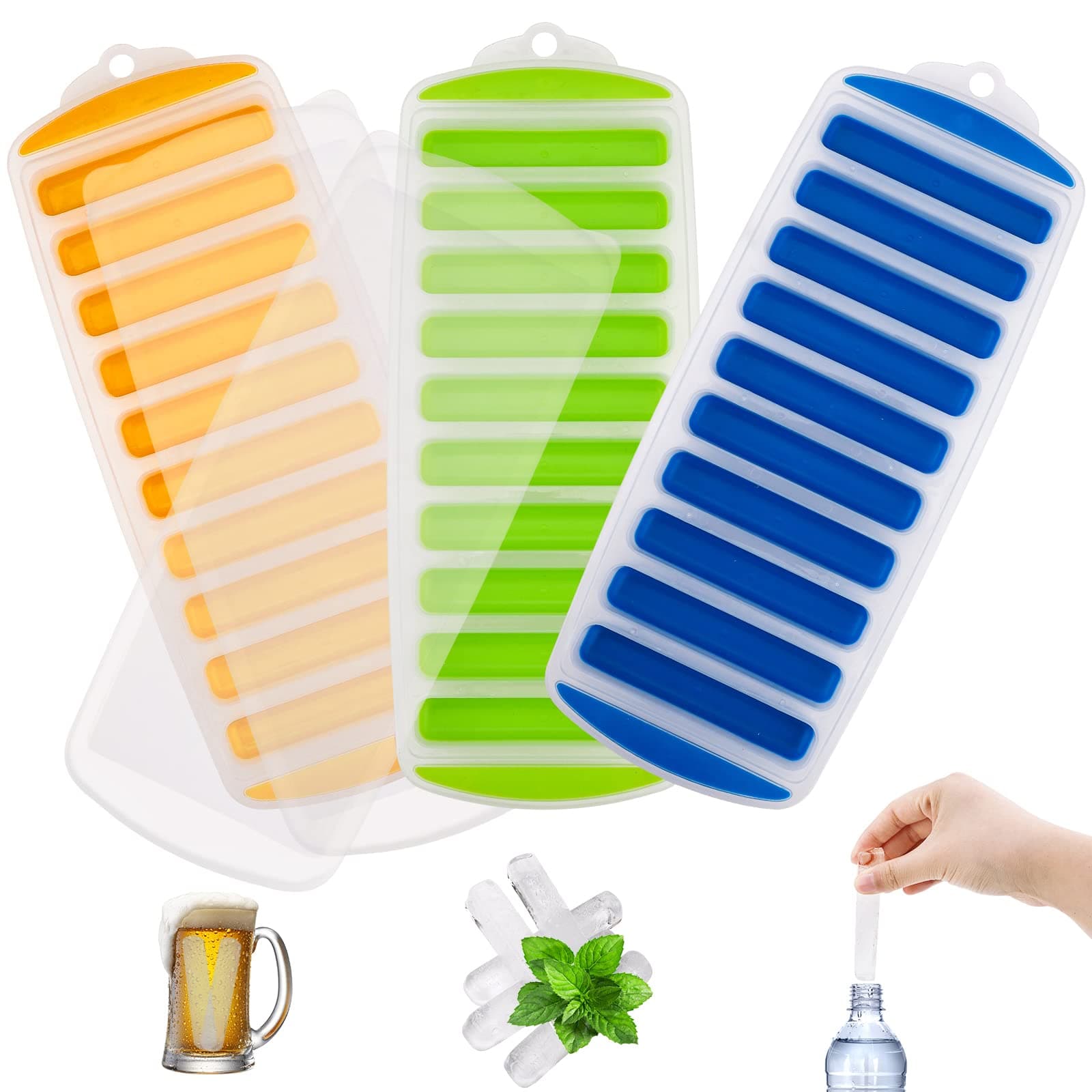 3 Pieces Ice Cube Tray, Bottle Ice Stick Trays Bottom Silicone Easy Release Reusable Ice Cube with No-Spill Removable Lid Ideal for Sports Drinks and Water Bottles Whiskey Cocktail