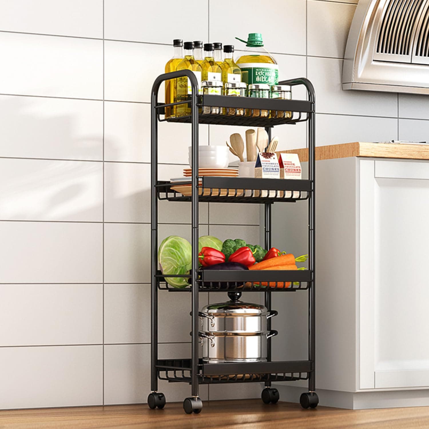 4-Tier Rolling Storage Cart, Multifunction Cart Kitchen Storage Organizer, Mobile Shelf Slide Out Cart with Lockable Wheels for Kitchen Laundry Room Bathroom Living Room