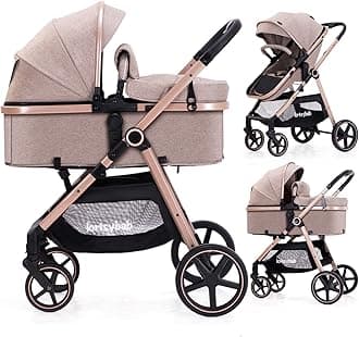 2-in-1 Baby Stroller - Folding Infant Newborn Pram Stroller with Reversible Seat - Toddler Strollers for 0-36 Months Old Babies (Beige)