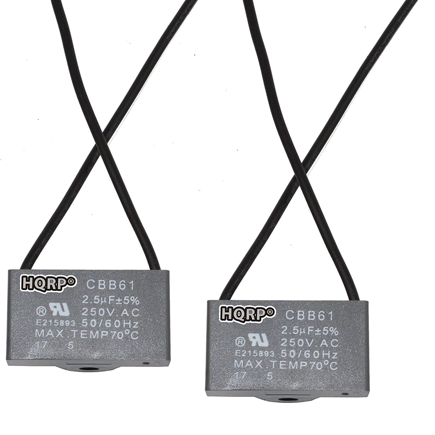 HQRP 2-Pack Ceiling Fan Capacitor CBB61 2.5uf 2-Wire UL Listed