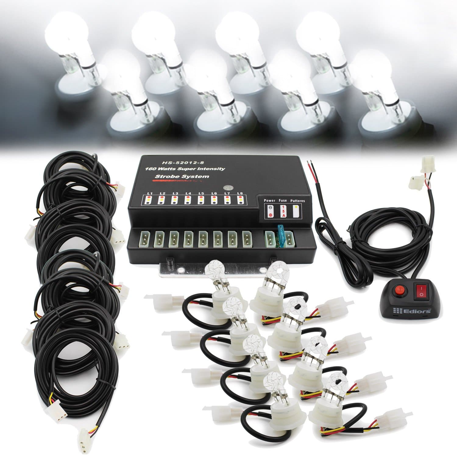 Ediors® 160W 8 HID Bulbs Hide-A-Way Emergency Caution Security Hazard Warning Headlight Strobe Lights Kit System