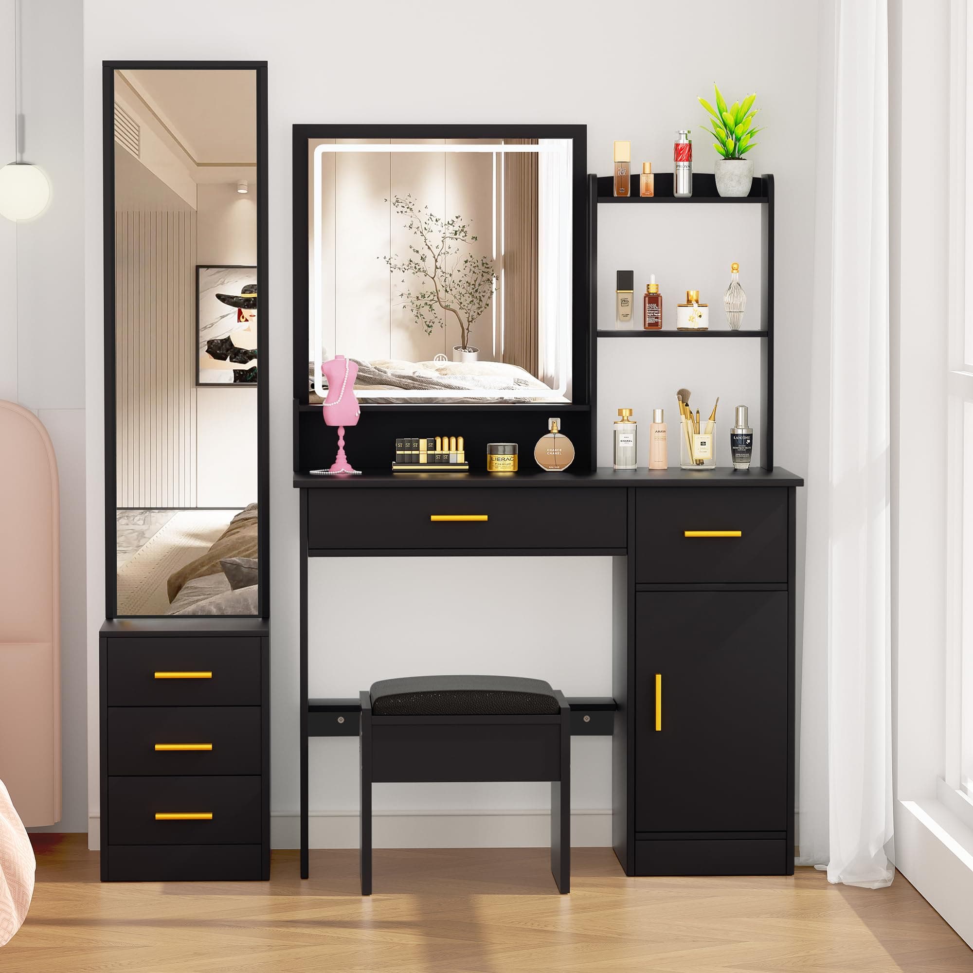 Oakcloud Vanity Desk with Mirror and 3 Color Modes Lights and Additional Full Length Mirror, Makeup Table with 5 Drawers, Cabinet, and Cushioned Stool for Bedroom, Dressing Room (Black)