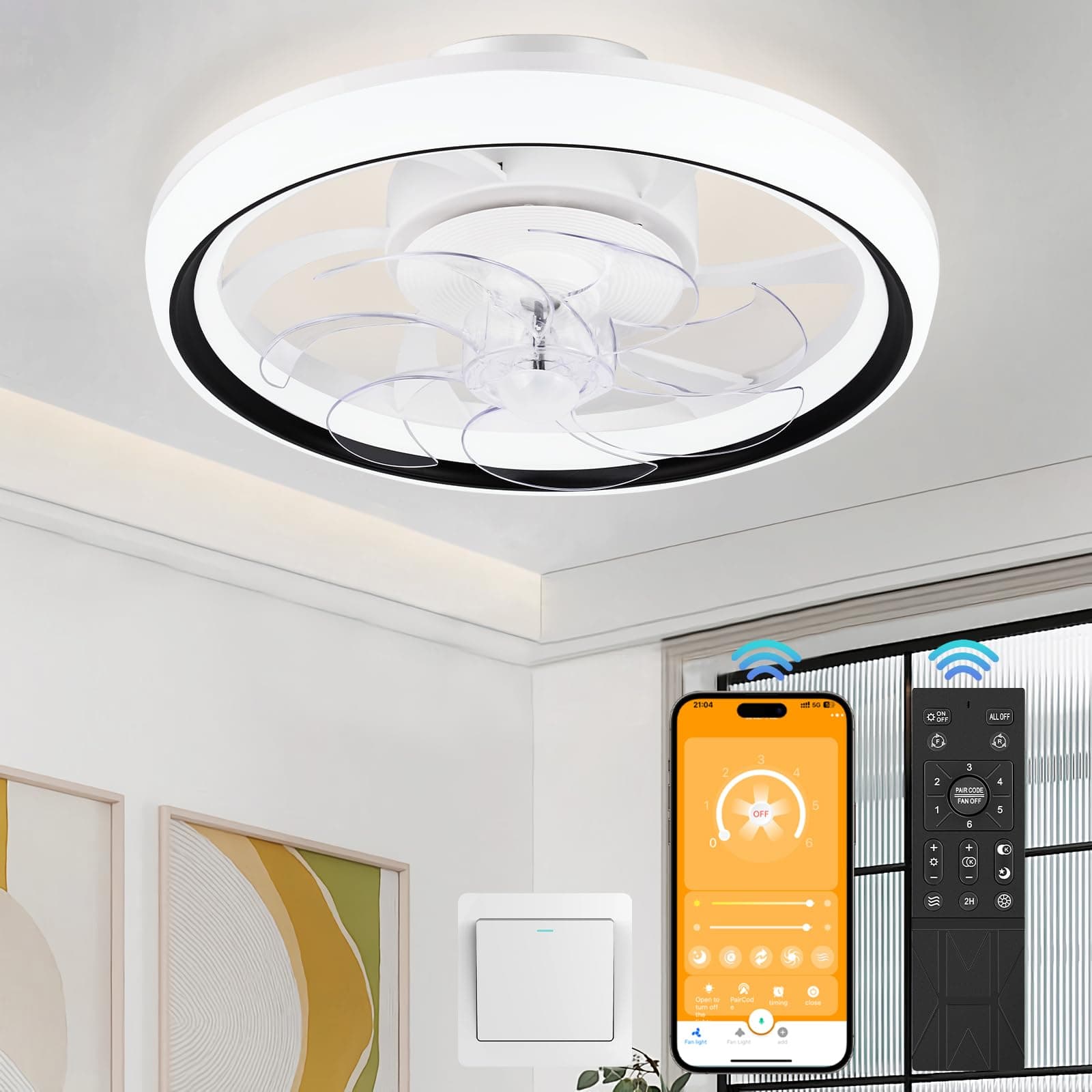 NACATIN Ceiling Fan with LED Light - Reversible, 6 Speeds, Dimmable Light, Remote & App Controlled, Quiet Operation - Ideal for Home & Office