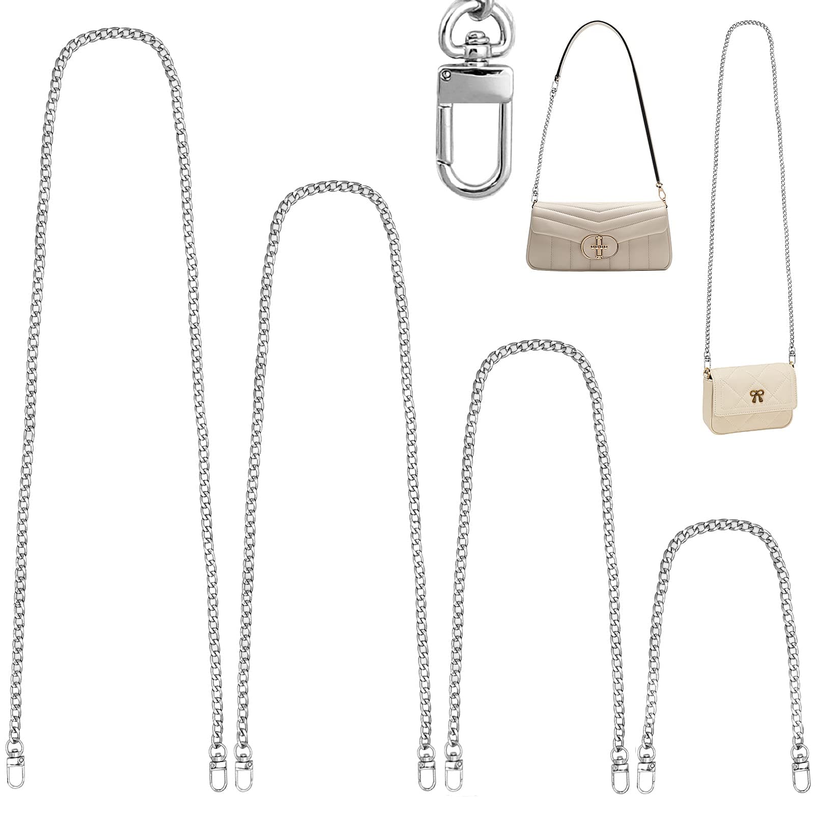 LOVLLE Purse Chain Strap for Purse - 4 Different Sizes Silver Flat Iron Bag Chains with Metal Buckles for Replacement Shoulder Handbag Crossbody Clutch (15.7'', 23.6'', 35.4'', 47.2 '')