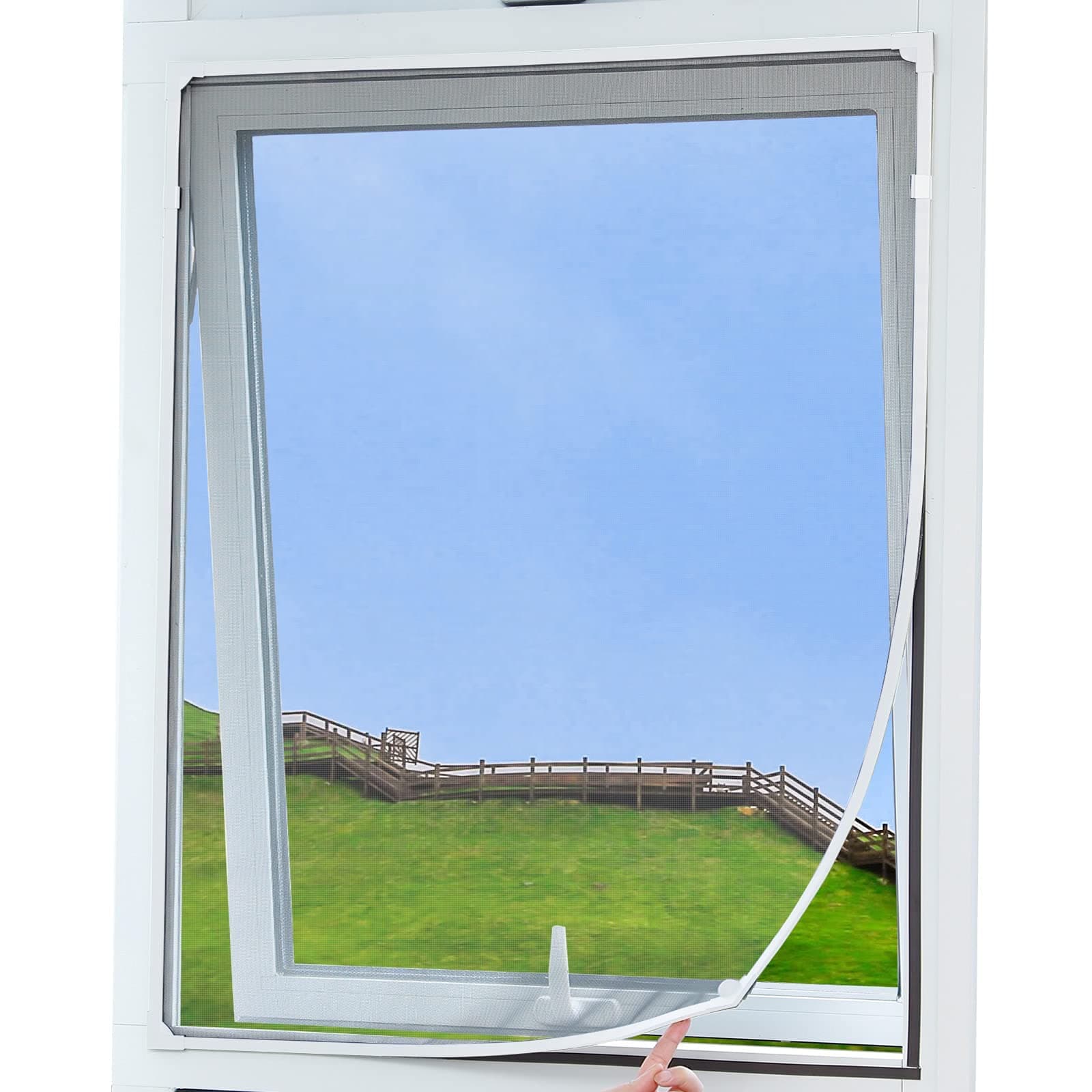 Magnetic Window Screen Adjustable DIY Window Net Fiberglass Fine Mesh Screen Protector, Grooved Fly Screen Mosquito Net Window Screen Self-Adhesive ?with White Frame Fire-Retarded Mes (100x100cm)