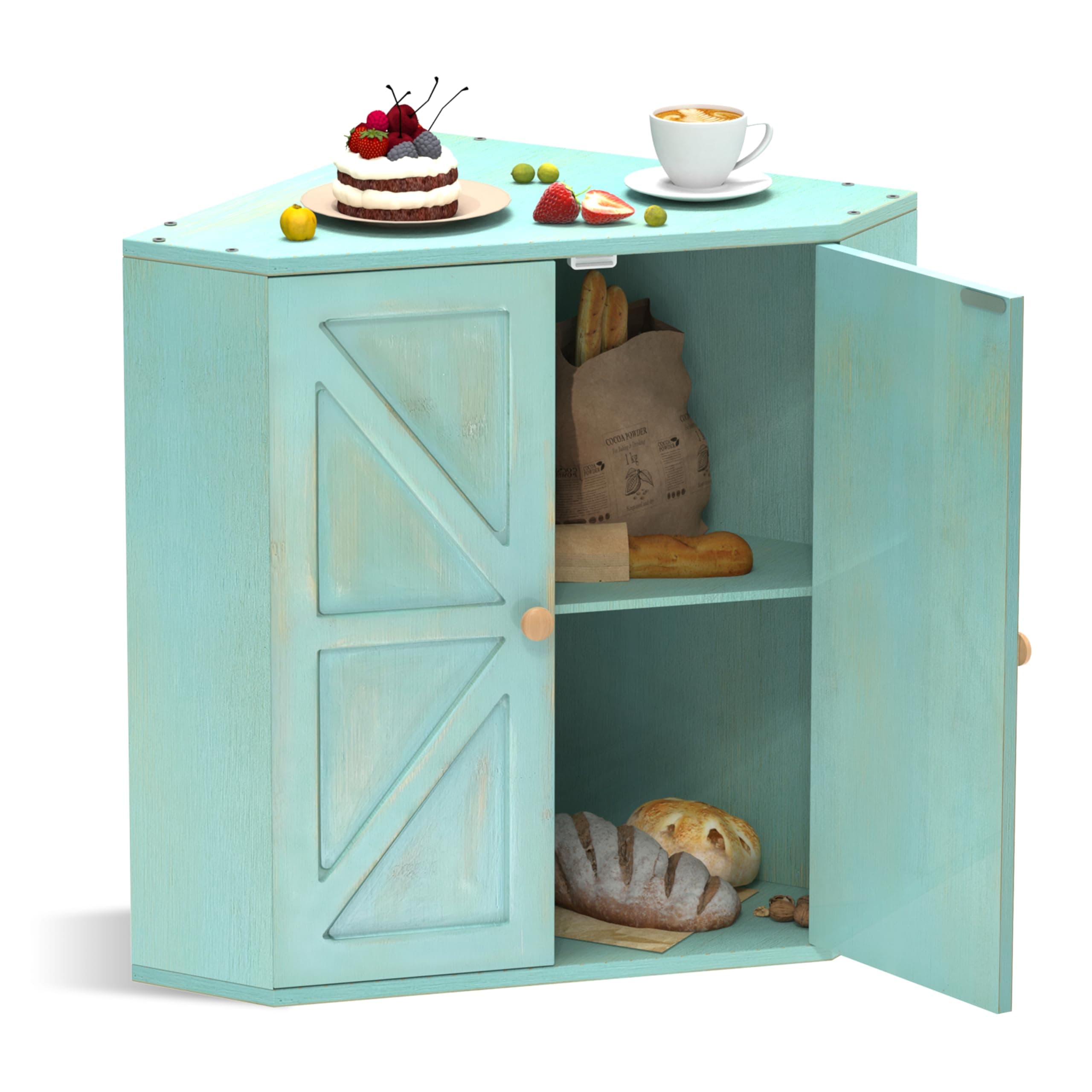 Corner Bread Box for Kitchen Counter Double Layer Bamboo Bread Storage Container Large Capacity Bread Storage Bin Farmhouse Breadbox Organizer (Antique Blue)