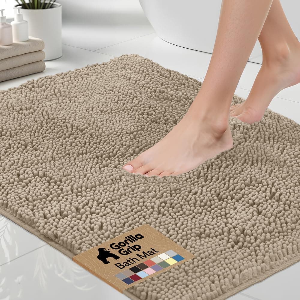 GORILLA GRIP Bath Rug Mat 60x24, Thick Absorbent Chenille, Quick Dry Microfiber Mats, Rubber Backing Washable Shower Floor Rugs, Bathmat Runner, US Designed Bathroom Home Decor Accessories Gray Beige