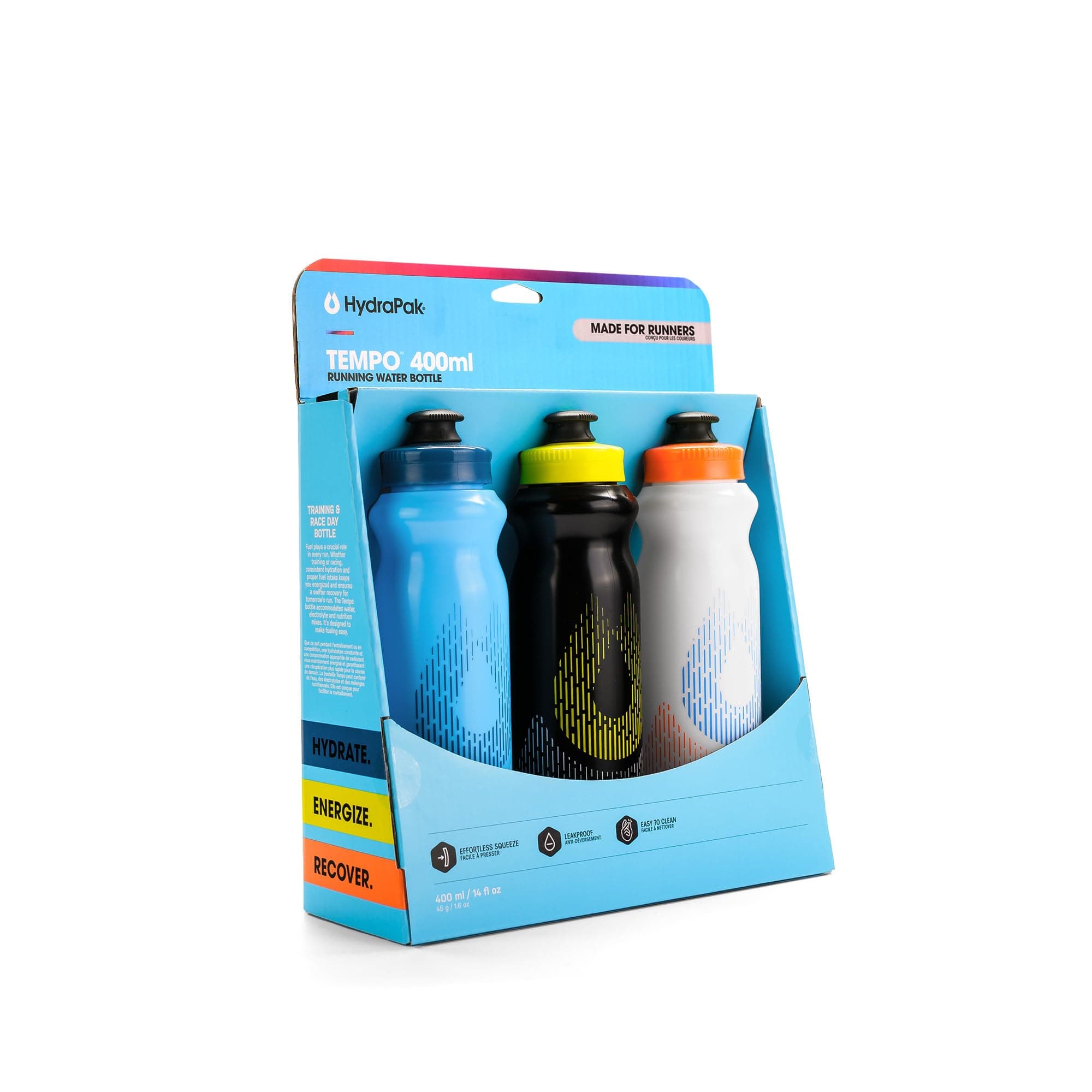 Tempo Handheld Running Water Bottle 3-Pack - Made for Runners, Marathon Training and Race Day Squeeze Bottle. Perfect for Hydration, Electrolytes, Recovery and Nutrition Mixes.