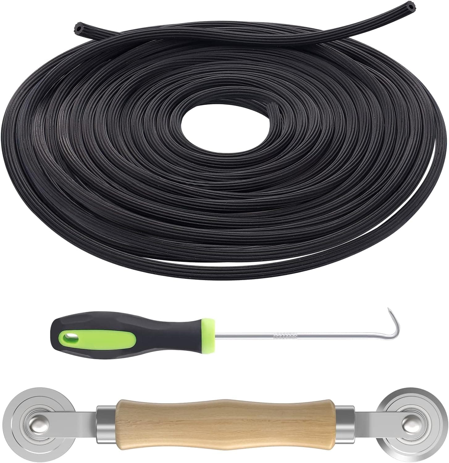 3 in 1 Window Screen Mesh Install Repair Tool Kit,Including 32.8Ft Spline Replacement,Steel Roller Tool with Bearing,Spline Removal Hook,for Installing Door and Window Mesh Screens.