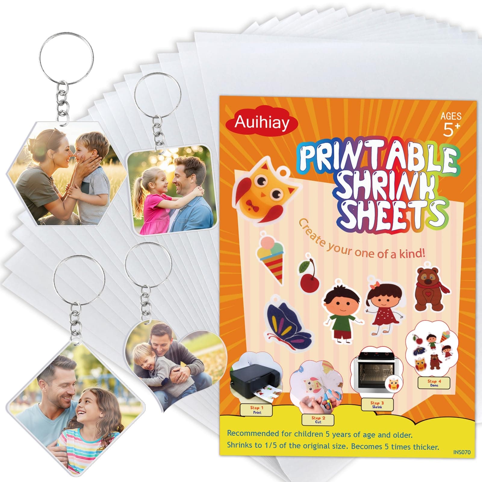 Auihiay 25 Sheets White Printable Shrink Plastic Sheets, Shrink Films Papers for Inkjet Printer Kids DIY Crafts and Mothers Day Gifts Easter Ornament, 8.3 x 11.6 inch / 21 x 29.5 cm