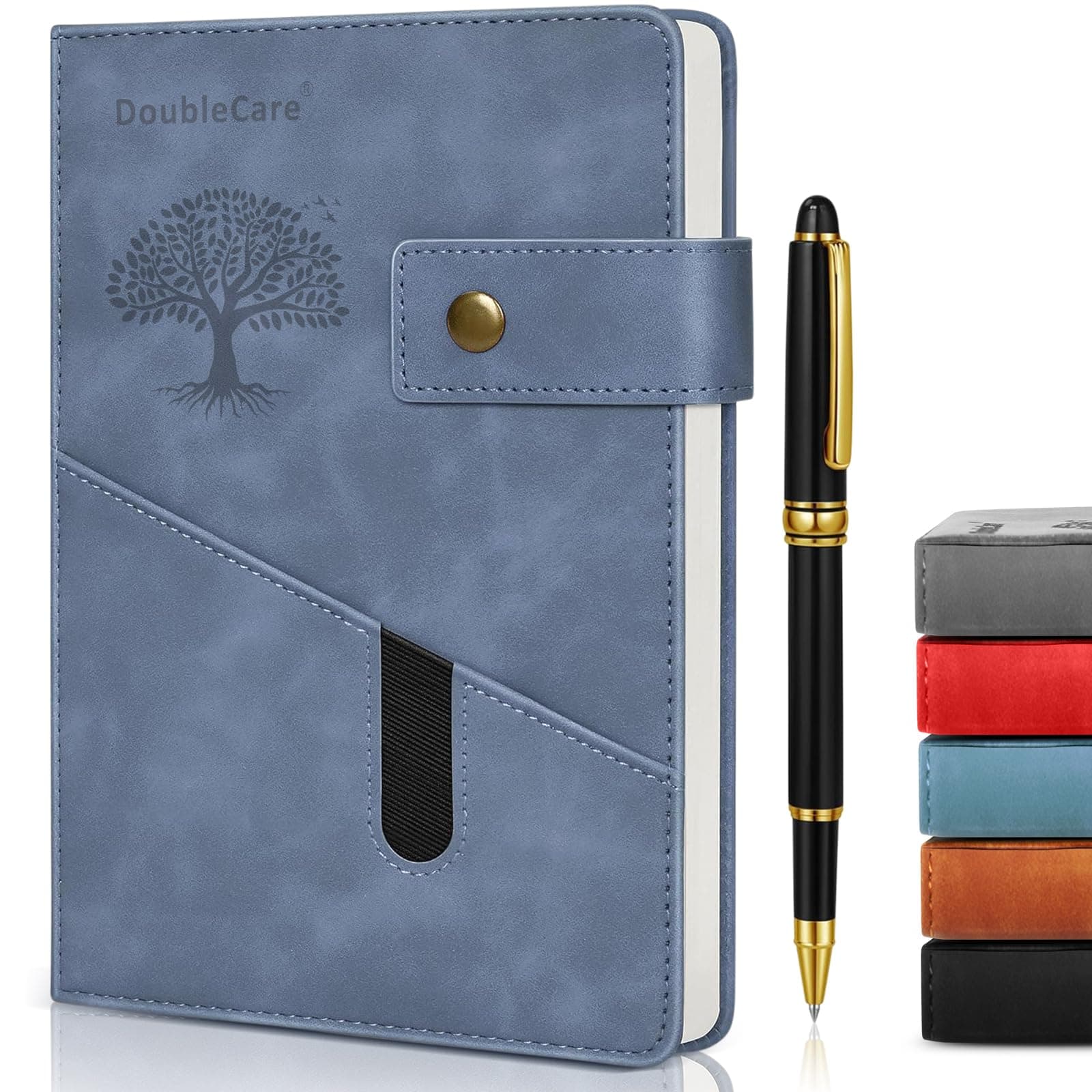 A5 Vegan Leather Hard Paste with Divider, Hardcover Notebook with Pocket, Ruled Notepad School Supplies Office with Pen, Office, Business Travel, for Men Women (Blue)