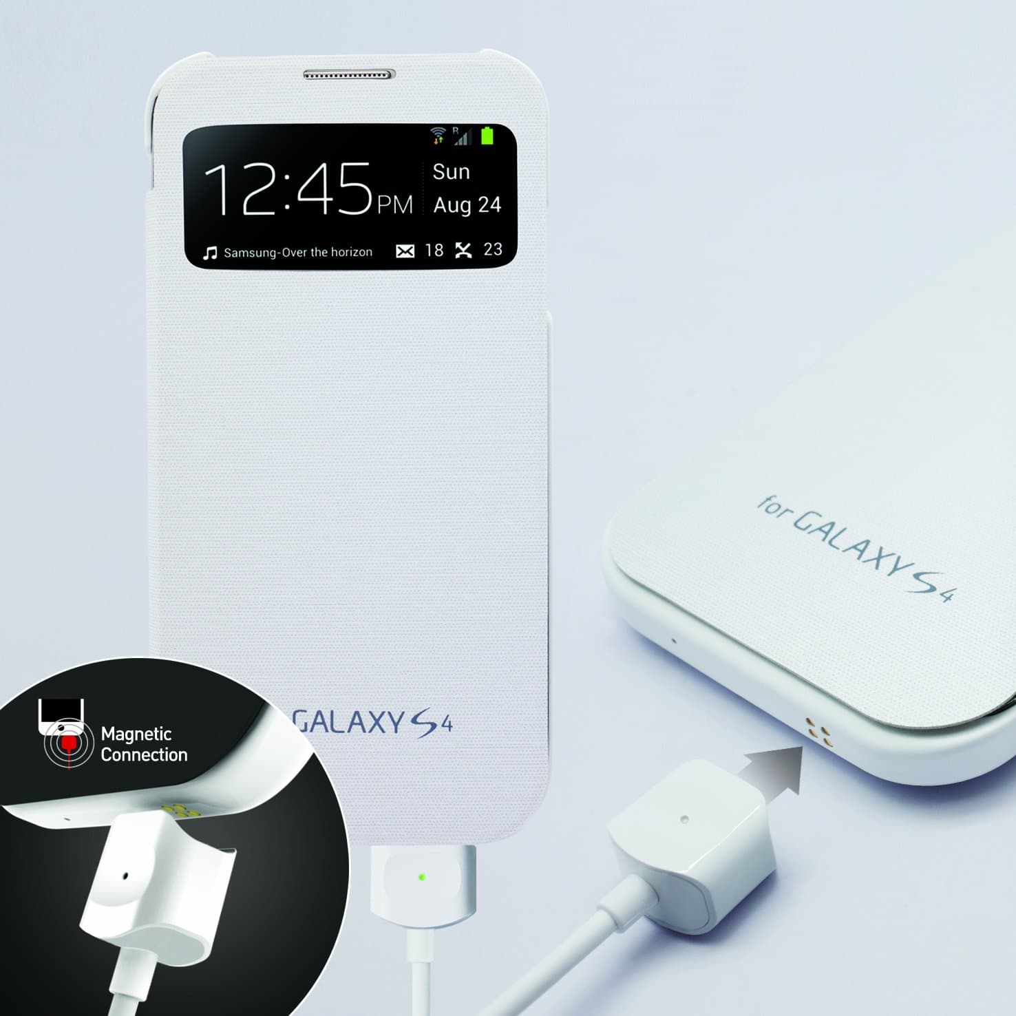 MagNector White S-View Protective Flip Cover Hard Case w/ Pogo Magnetic Charge & Sync Data Cable Combo for Samsung Galaxy S4
