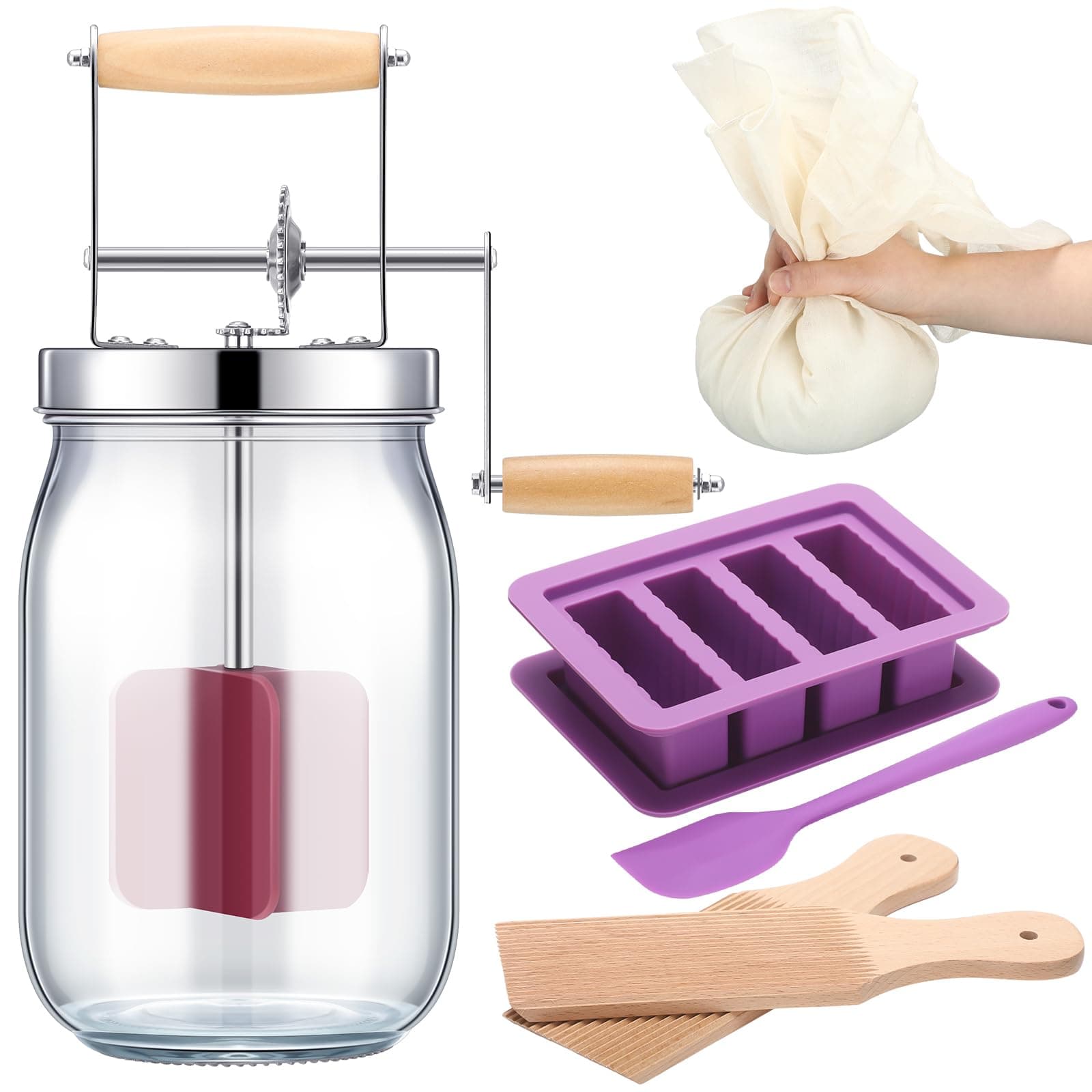 5 Pcs Butter Churn Set Include 1 Pcs Glass Mason Jar Butter Churner 1 Pcs Cheese Cloth 2 Pcs Wood Butter Paddles 1 Set Silicone Butter Mold with Lid and Spatula Straining Cloth