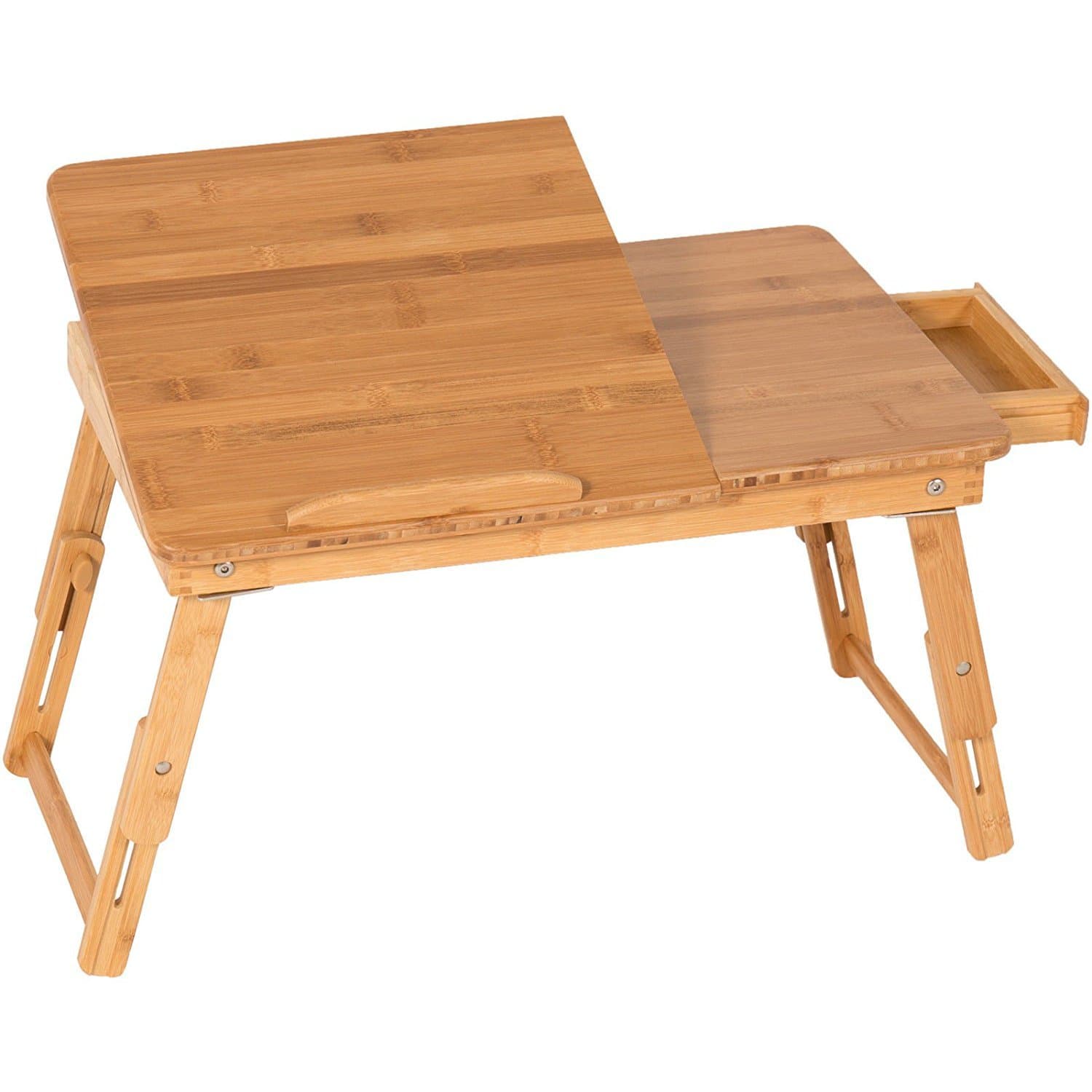 Laptop Desk Table 100% Bamboo Wood Portable Foldable Tilting Top Drawer Breakfast Bed Tray Multi Purpose, Adjustable Height And Lockable Legs, Durable And Lightweight Design
