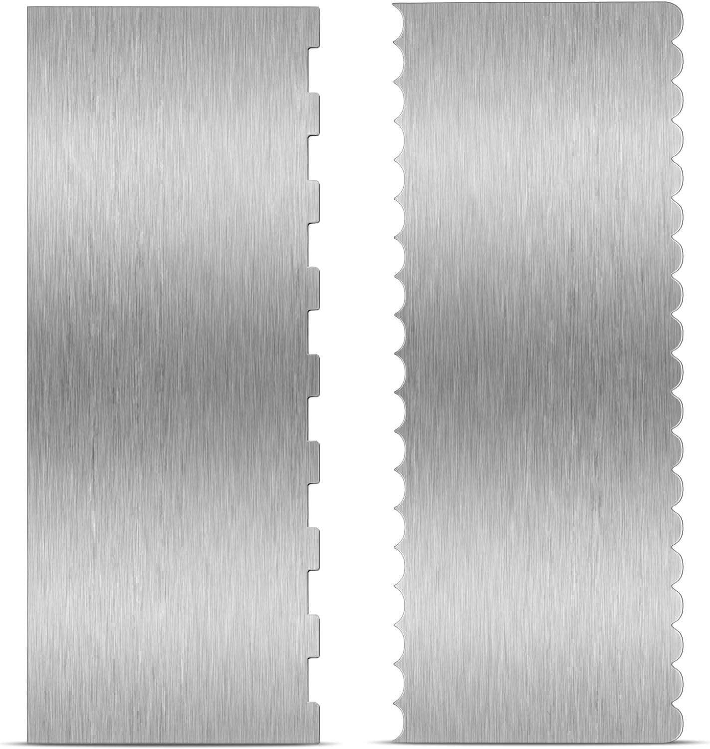 2 Pc 9 Inch Stainless Steel Cake Bench Tall Scraper, Large Cake Smoother Scraper Contour Double Sided Patterned Edge Stripe Tool