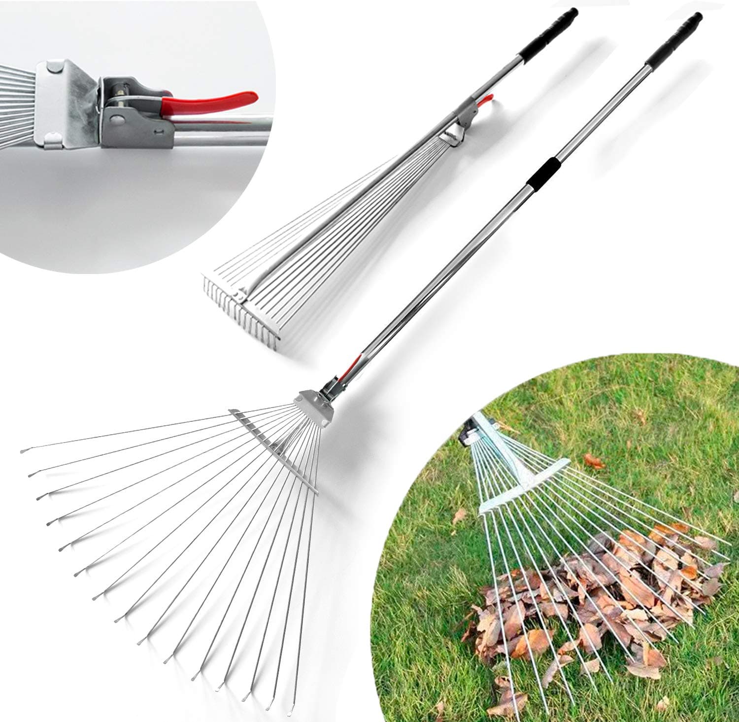 DVCOM 63 inch Adjustable Garden Rake for Leaf - Collect Loose Debris Among Delicate Plants - Lawns and Yards, Best Expandable Head rake for Leaves - Small to Large rake for Gardening