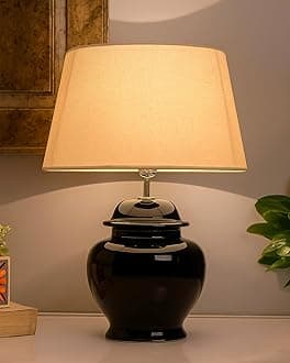 Homesake Ceramic Pot Shaped Base Black Table Lamp with Shade | Vintage Night Living Room, Bedside, Mandir, Hall - Home Decor Items - Beige