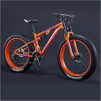 Mountain Bikes Men 26 Inch Adult Fat Tyre Mountain Bike with Full Suspension, High-carbon Steel Large Frame Dual Disc Brake Giant Bicycle,Orange Spoke,30 Speed