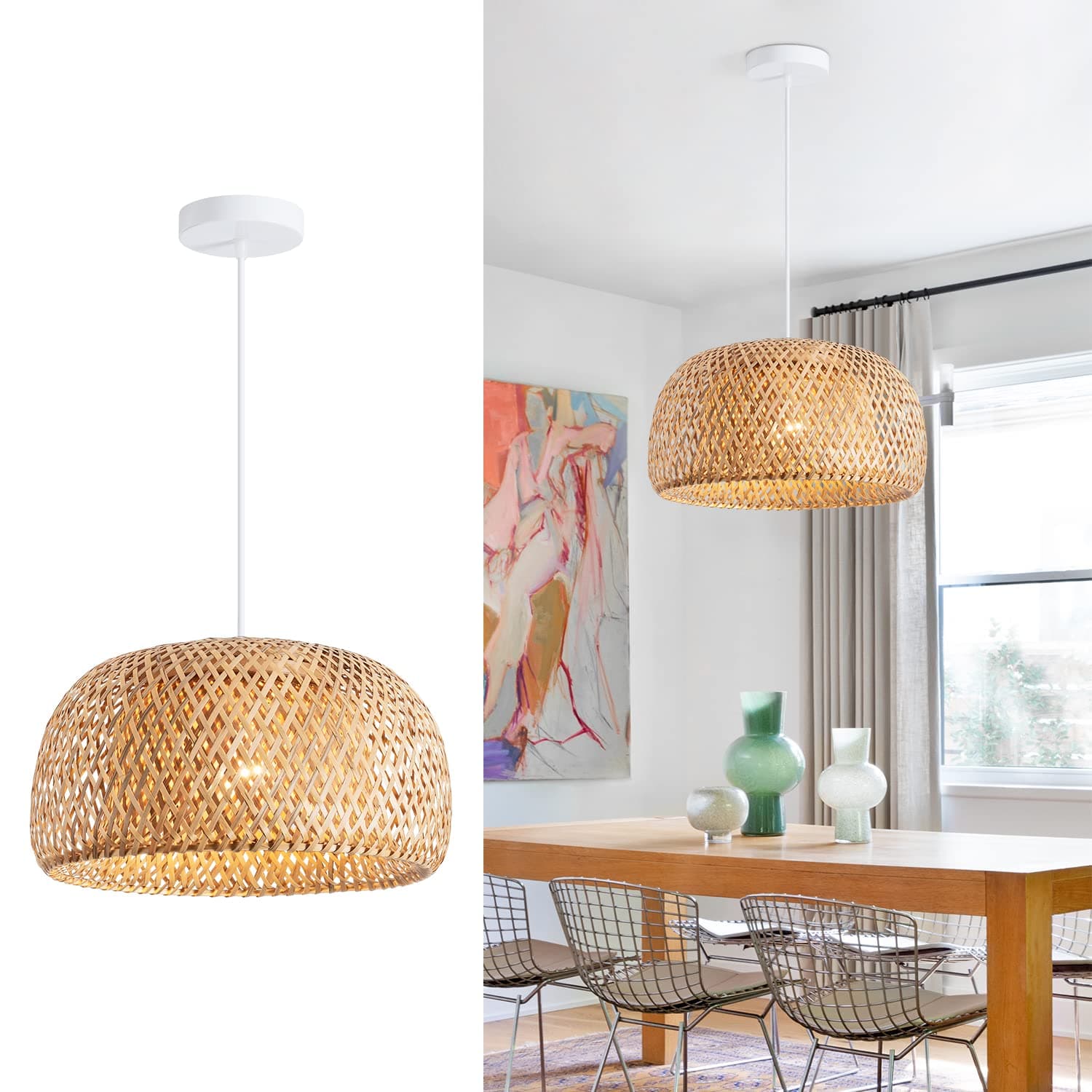 Bamboo Pendant Light 1 Light for Kitchen- 17.7 in Hand-Woven Natural Rattan Pendant Lights Bamboo Lamp Hanging Chandelier Rattan Hanging Lights Fixture for Kitchen Island Living Room Bedroom(17.7 in)