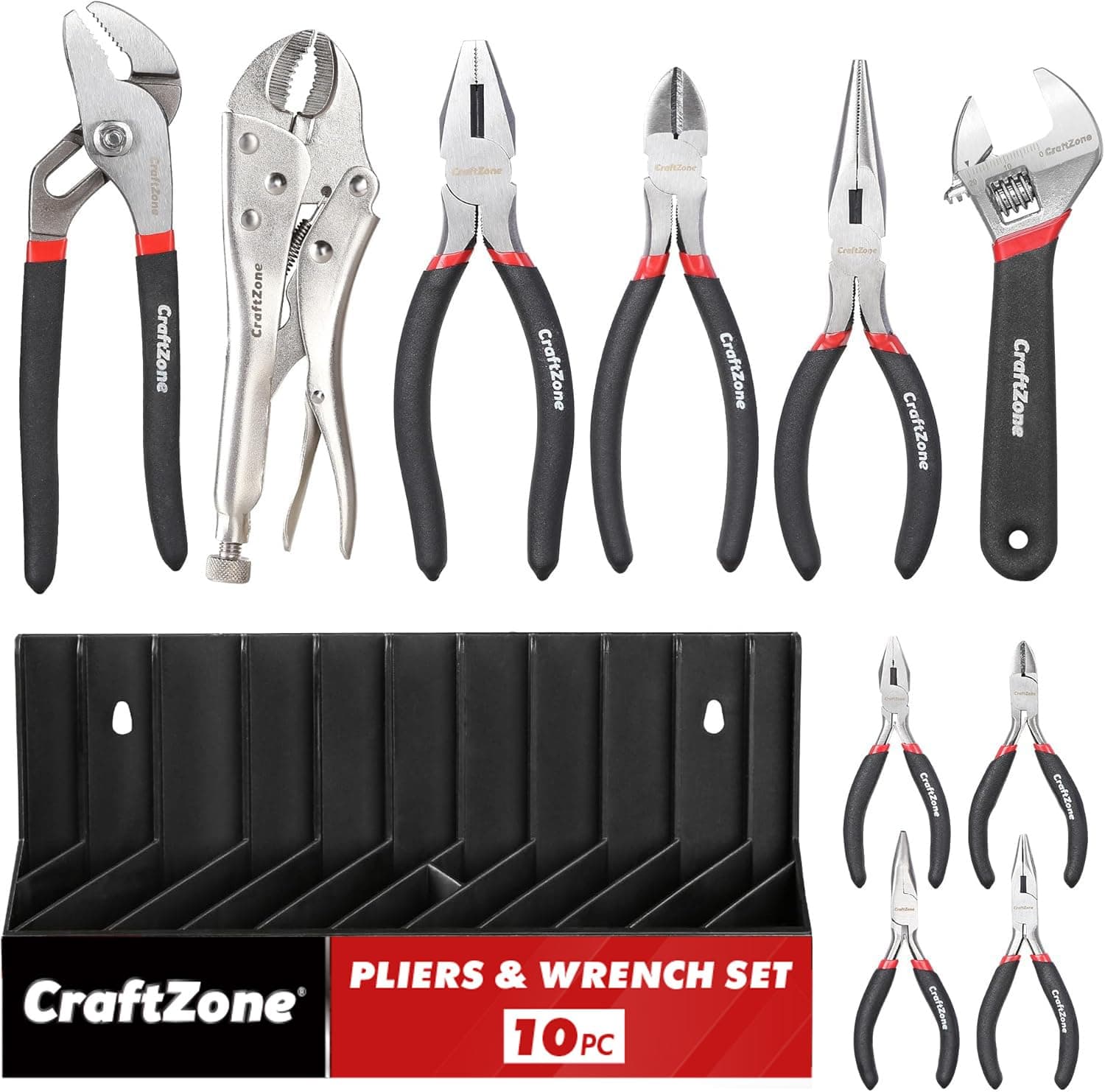10PC Pliers and Wrench Set with Storage Rack – Includes Locking | Long Nose | Diagonal Cutter | Groove Joint | Linesman & Mini Plier, Carbon Steel Tool Kit for DIY and Home a Gift for Man