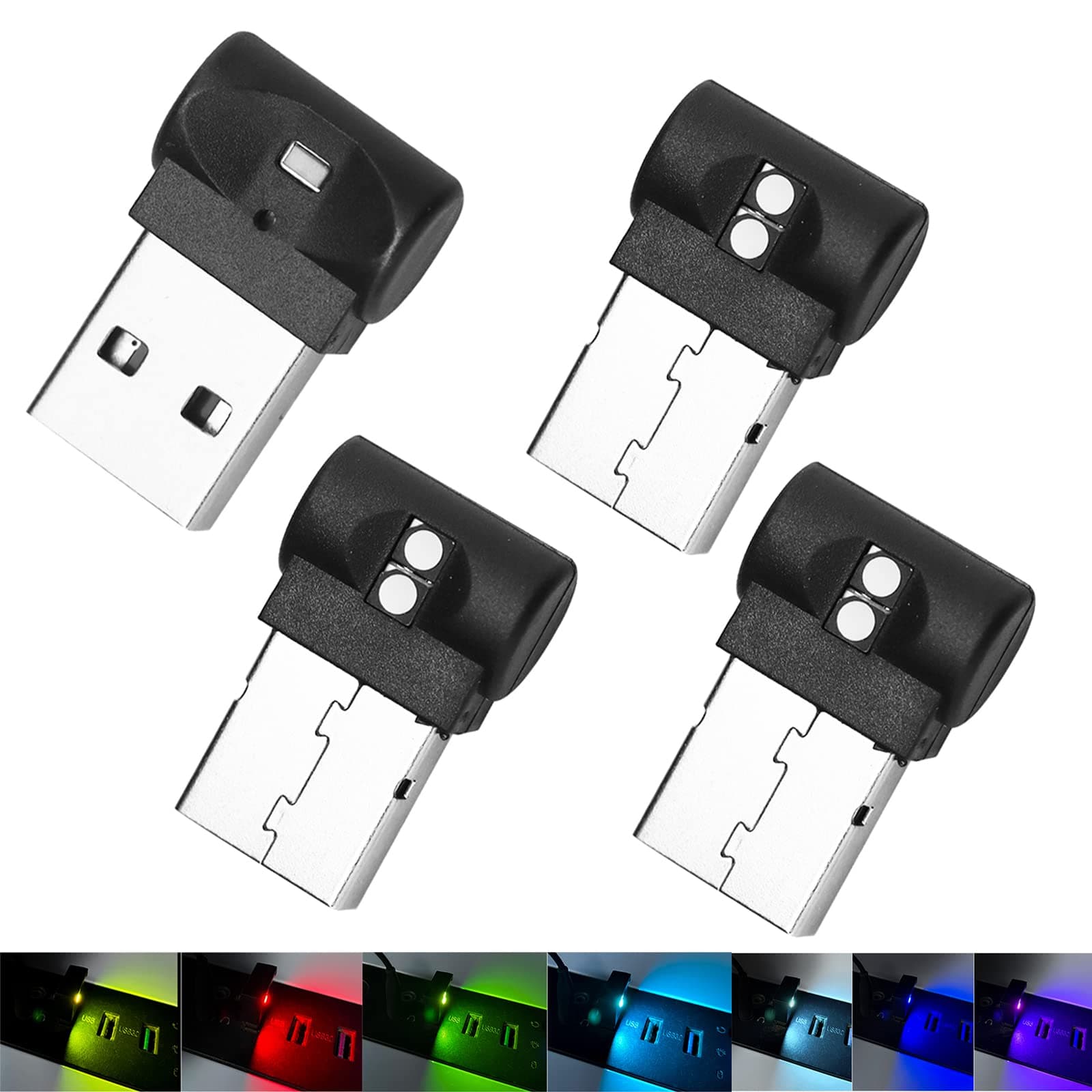 CONSIO 4Pcs Mini USB LED Light, RGB Portable Ambient Lighting, 7 Color Adjustable and Brightness USB Night Light, for Cars, Homes Decoration, Computers