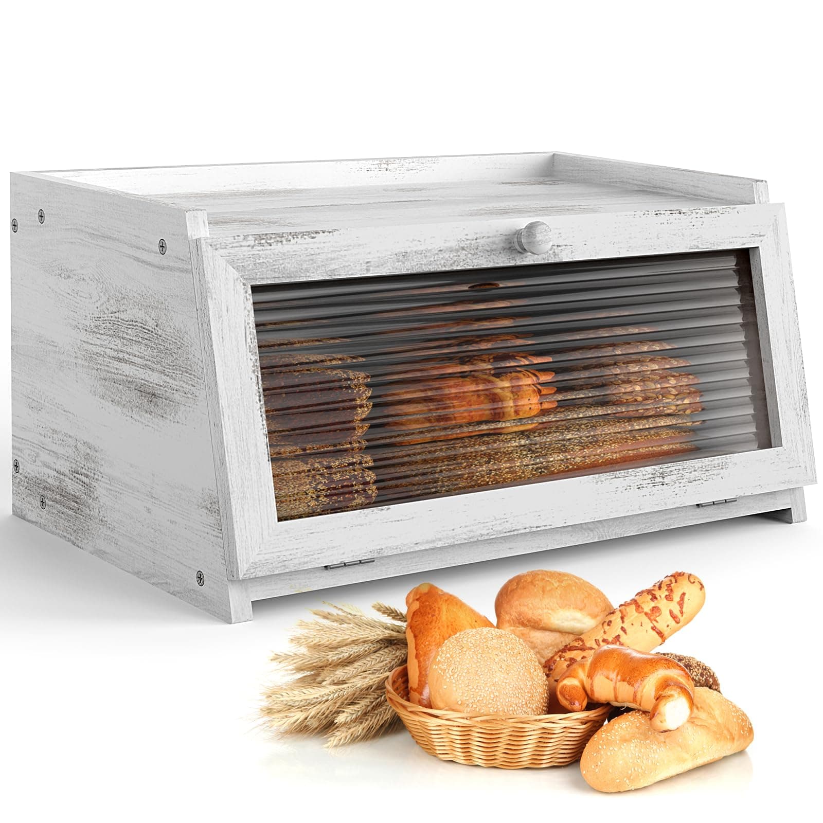 Bread Box for Kitchen Countertop Large Farmhouse Bread Container Bread Storage with Window Wooden Bread Holder
