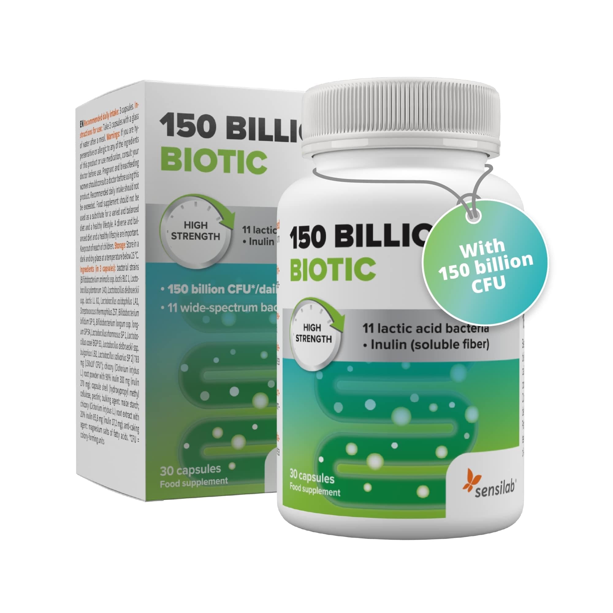 Probiotic Capsules with 150 Billion CFU, Highest Concentration, Bacterial Cultures Supplement with Chicory Root, Inulin, 30 Capsules, 150 Billion Biotic by Sensilab