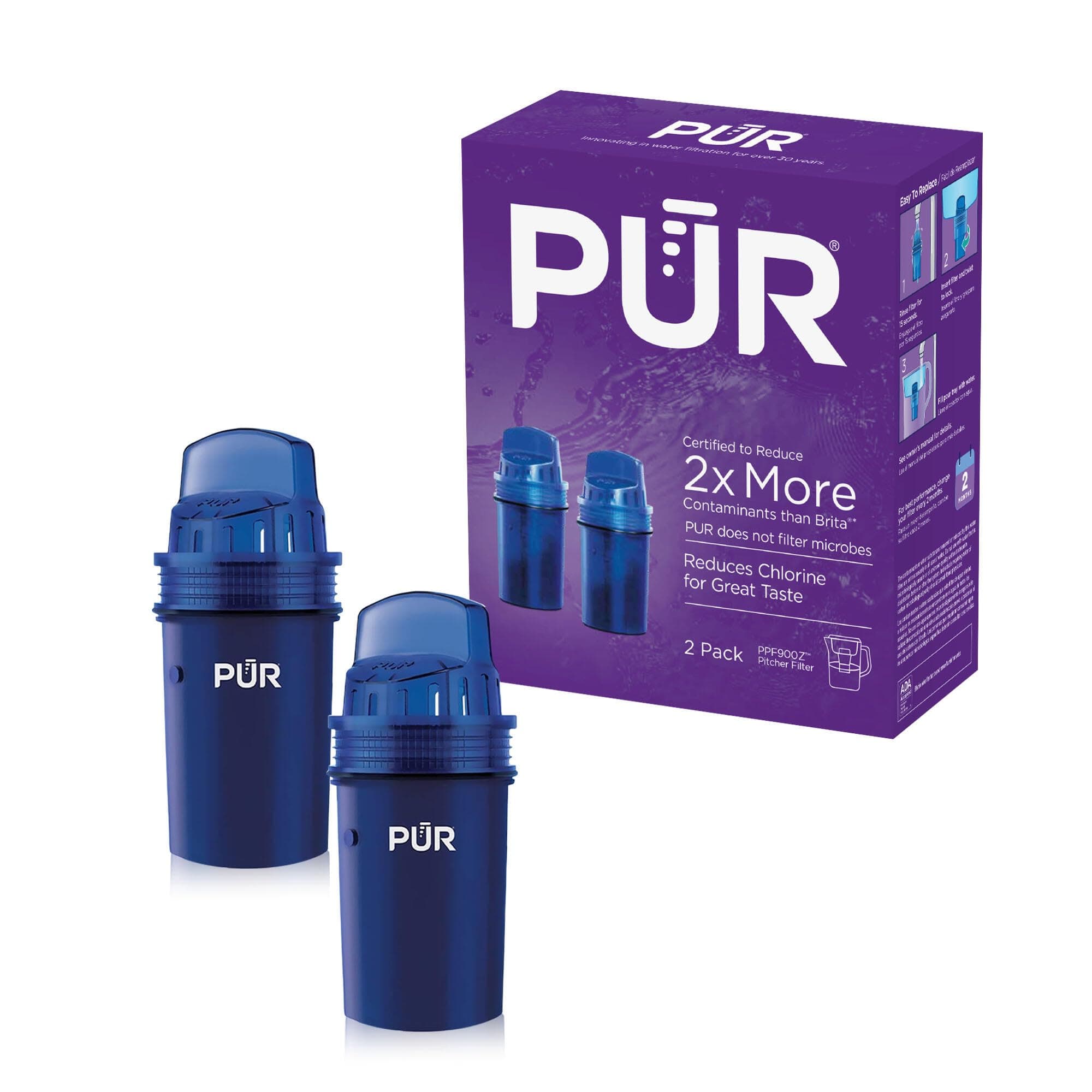 PUR Water Pitcher & Dispenser Replacement Filter 2-Pack, Genuine PUR Water Filters for Pitchers, 2-in-1 Powerful Filtration and Faster Filtration, 4-Month Value, Blue (PPF900Z2)