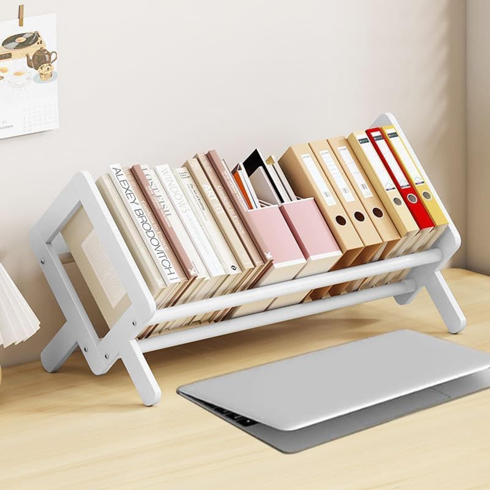 Bamboo Desktop Bookshelf Organizer, Tilted Book Rack for Small Spaces, Tabletop Bookshelf,Desktop Bookcase,Bookshelves Storage Rack for CDs/Magazine/Books Display (White)