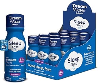 - Dream Water Sleep Shots (12 Count) Sleep Aids for Adults - 5mg Melatonin, GABA, 5-HTP - Natural Snoozeberry Flavor (Blue Raspberry) - Liquid Melatonin Supplement - Zero Sugar & Gluten Free - 2.5 oz