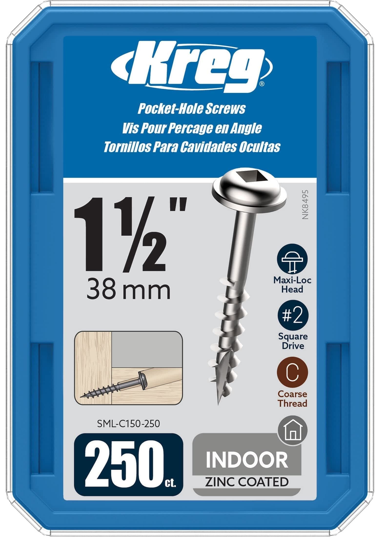 SML-C150-250 1-1/2" Coarse Thread Number 8 Washer Head Zinc Coated Pocket Hole Screws (250 Count)