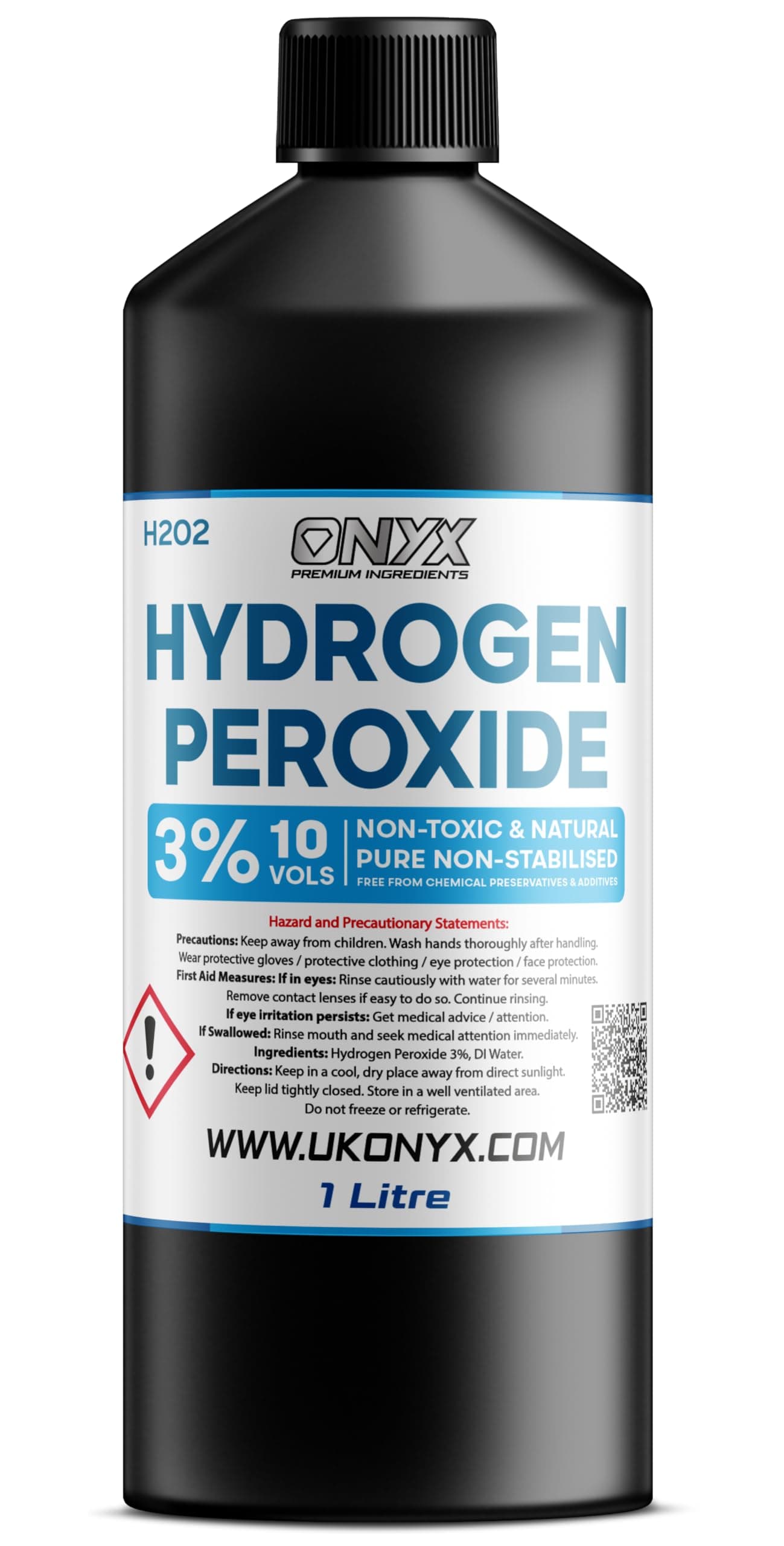 1 Litre (1000ml) ONYX Hydrogen Peroxide - Purest Grade 3% - Unstabilized and Additive Free, Multi-Purpose Cleaner/Mold remover - Food Grade - 10 Vols