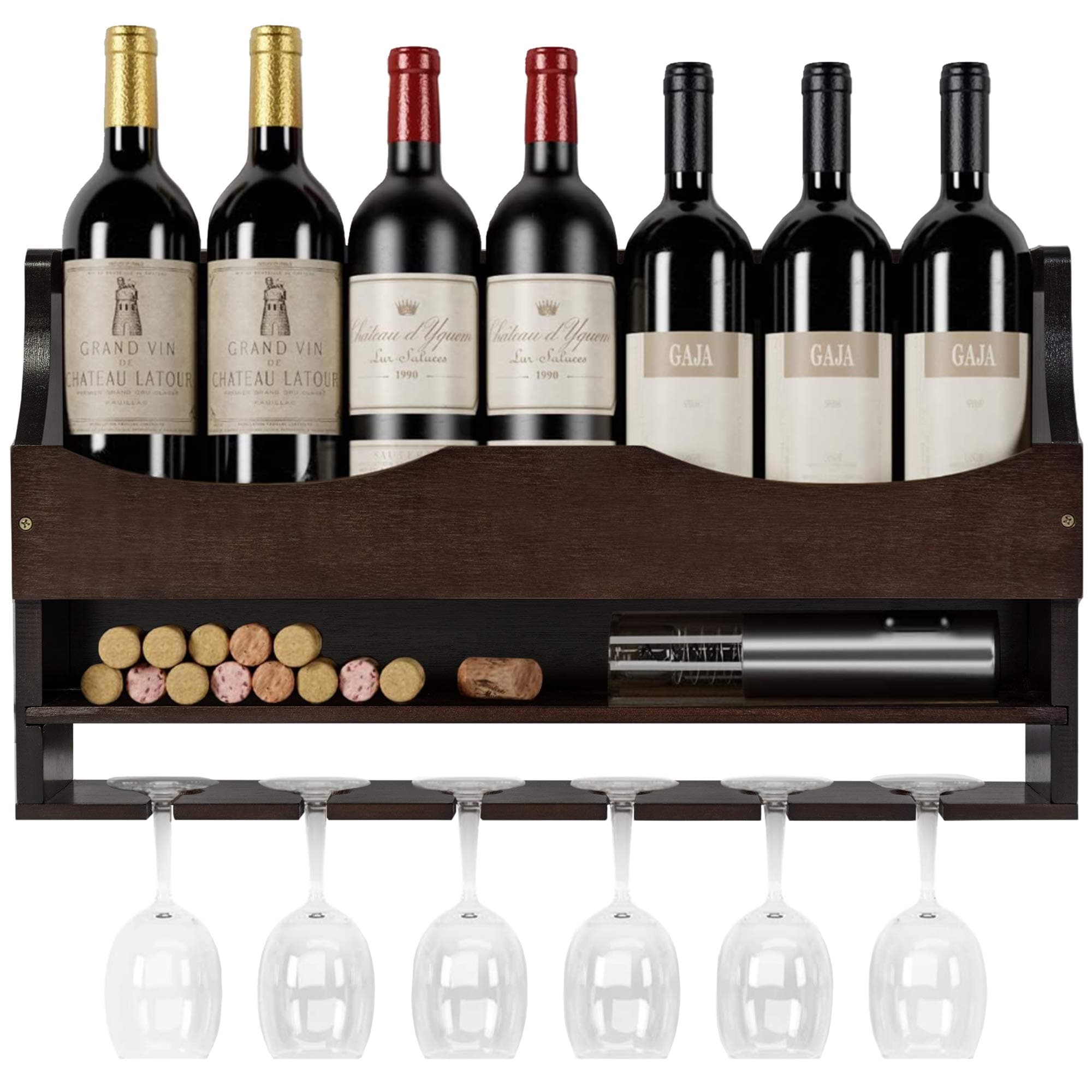 DHMAKER Wall Mounted Wine Rack Bamboo, Industrial Wine Shelf with Glass Holder, Hanging Floating Wall Shelves, Wine Bottle Storage Display Rack for Living Room, Dining Room, Kitchen