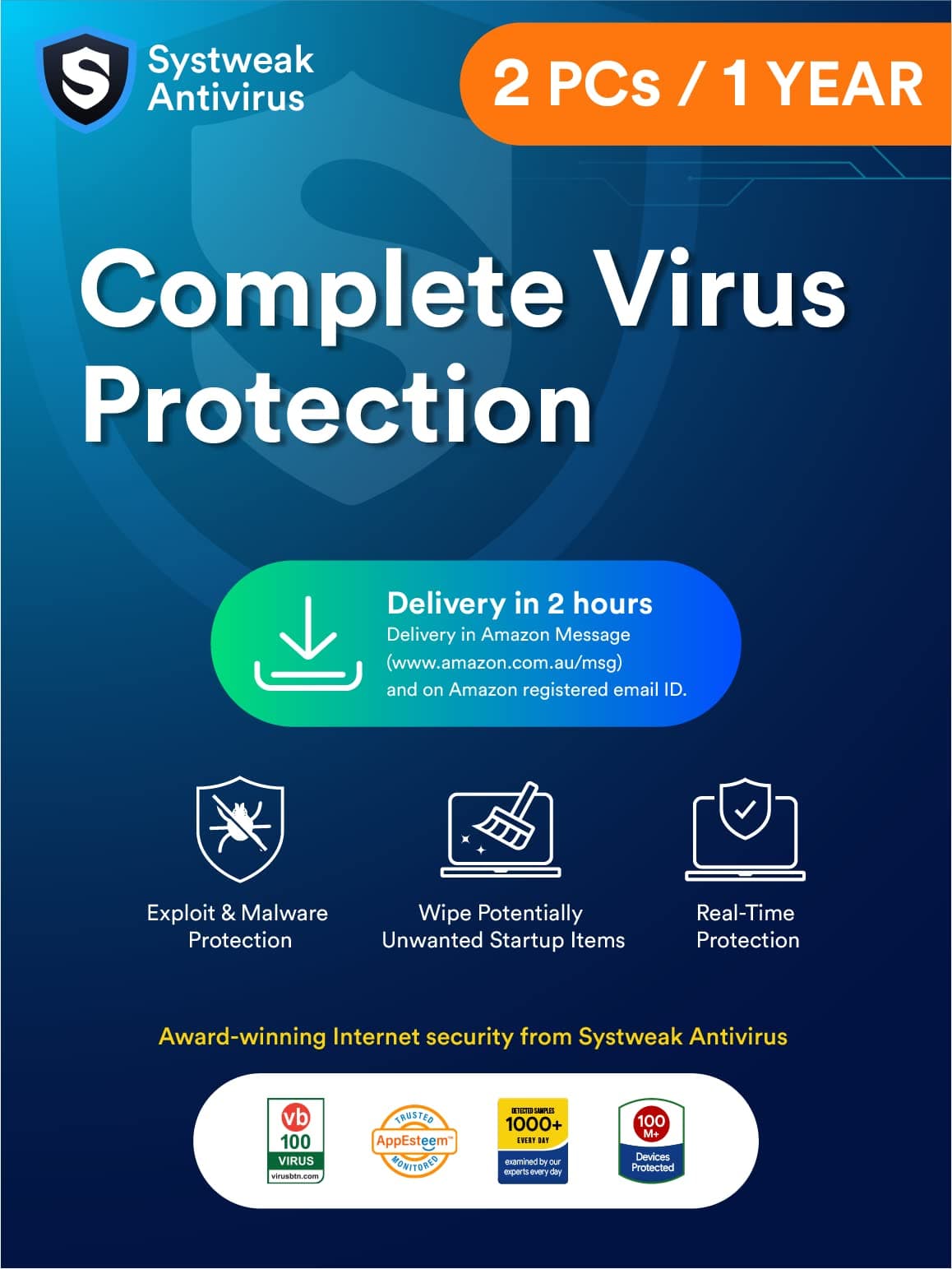 Antivirus for Windows 2 PC, 1 Year | Real-Time Protection | Exploit & Malware Protection | USB Protection | Firewall & Internet Security | Threat Protection (Via Email Delivery Only in 2 hours)