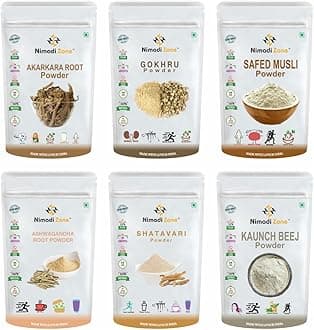 Nimadi Zone Pack Of 6 Different Powers i.e Akarkara, Gokhru, Safed Musli, Kaunch, Ashwagandha & Shatavari (100 grams pack each) = 600 grams Total (100 grams pack)