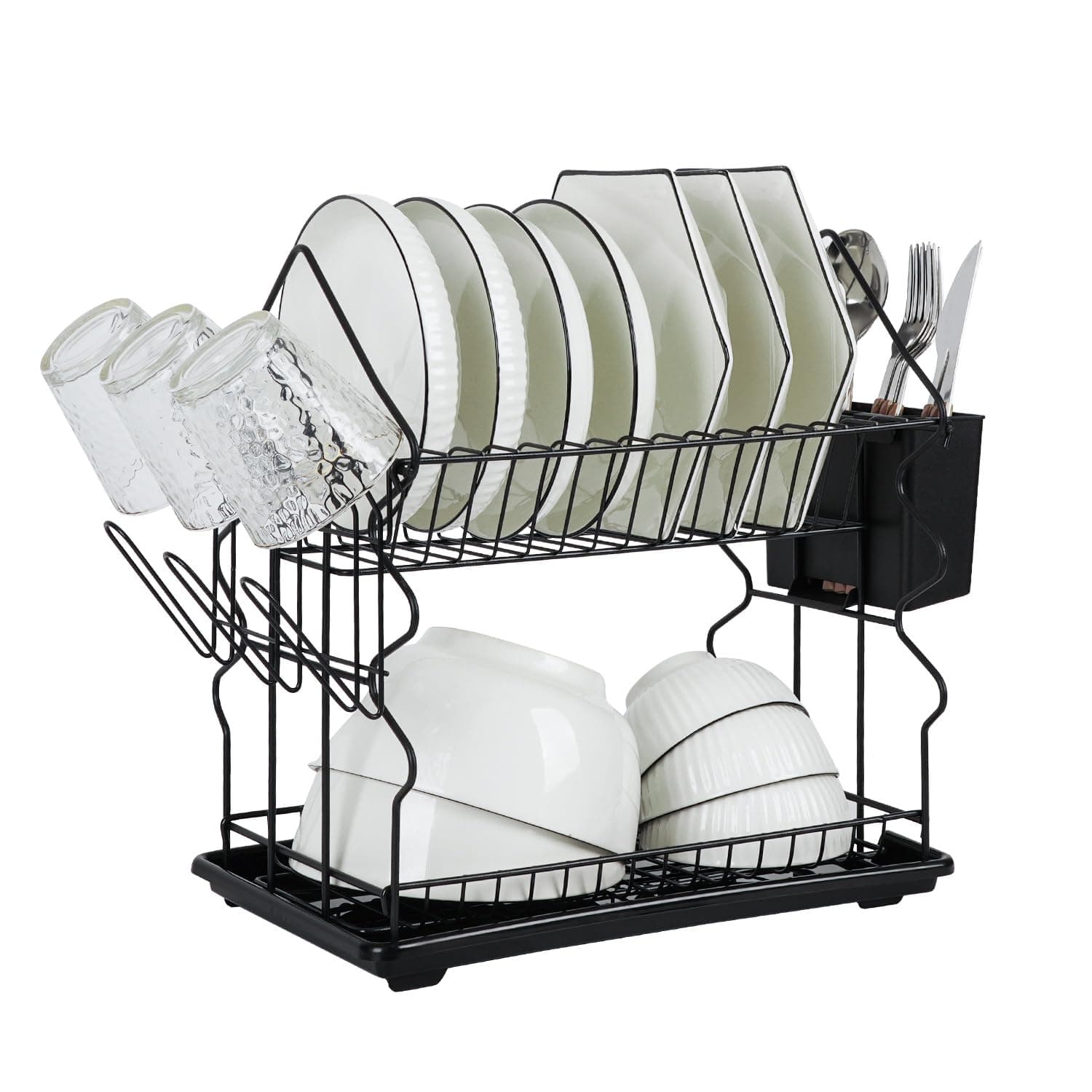 Tawdeez Dish Drying Rack Black - 2 Tier Dish Drainer Rack with Utensil Cup Holders Sink Draining Board Dish Rack and Drip Tray - Large Capacity Stainless Steel for Kitchen Countertop Saving Space