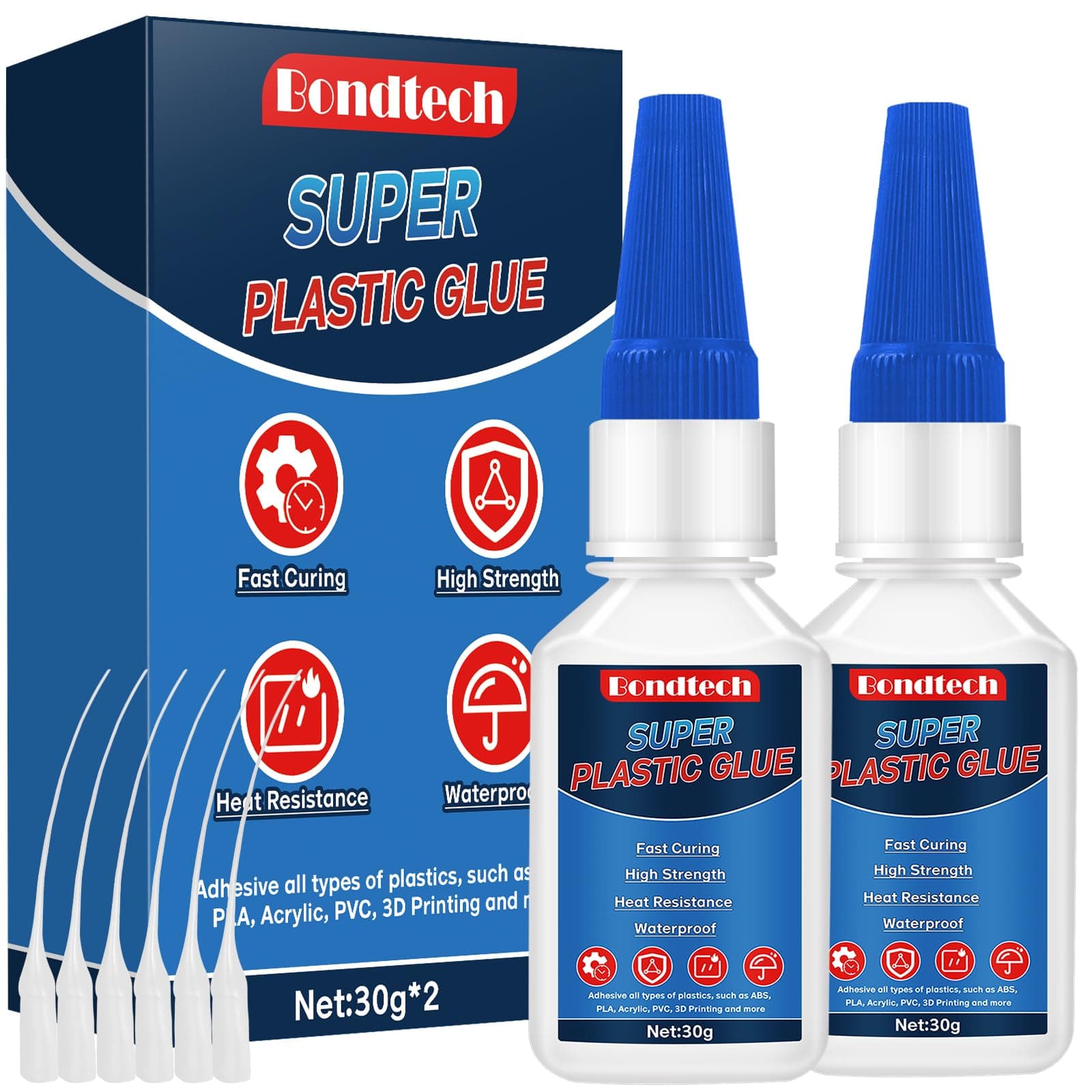 Plastic Glue 30 g*2, Super Glue for Plastic, Strong Clear Adhesive for Miniatures, Model, PLA, 3D Printing, Acrylic, PVC, Waterproof, Heat-Resistant, with Anti-Clog Cap