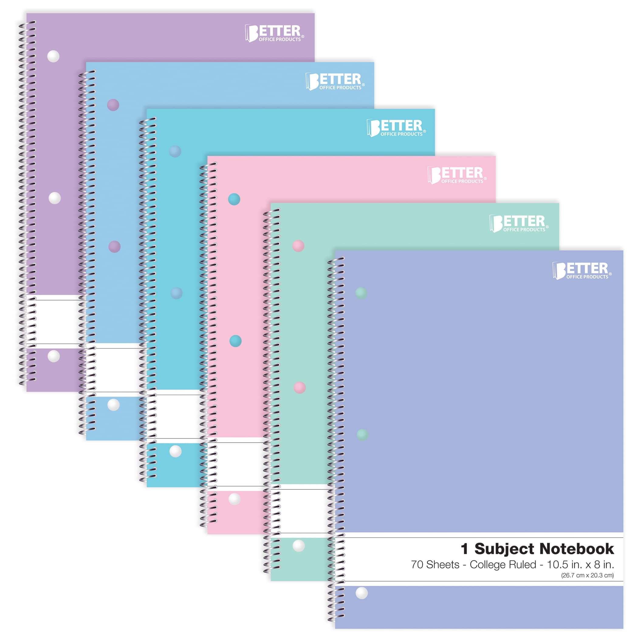 Spiral Notebooks, 6 Pack, 1 Subject, 70 Sheets, 10.5 x 8 inches, 6 Assorted Pastel Colors (College Ruled)