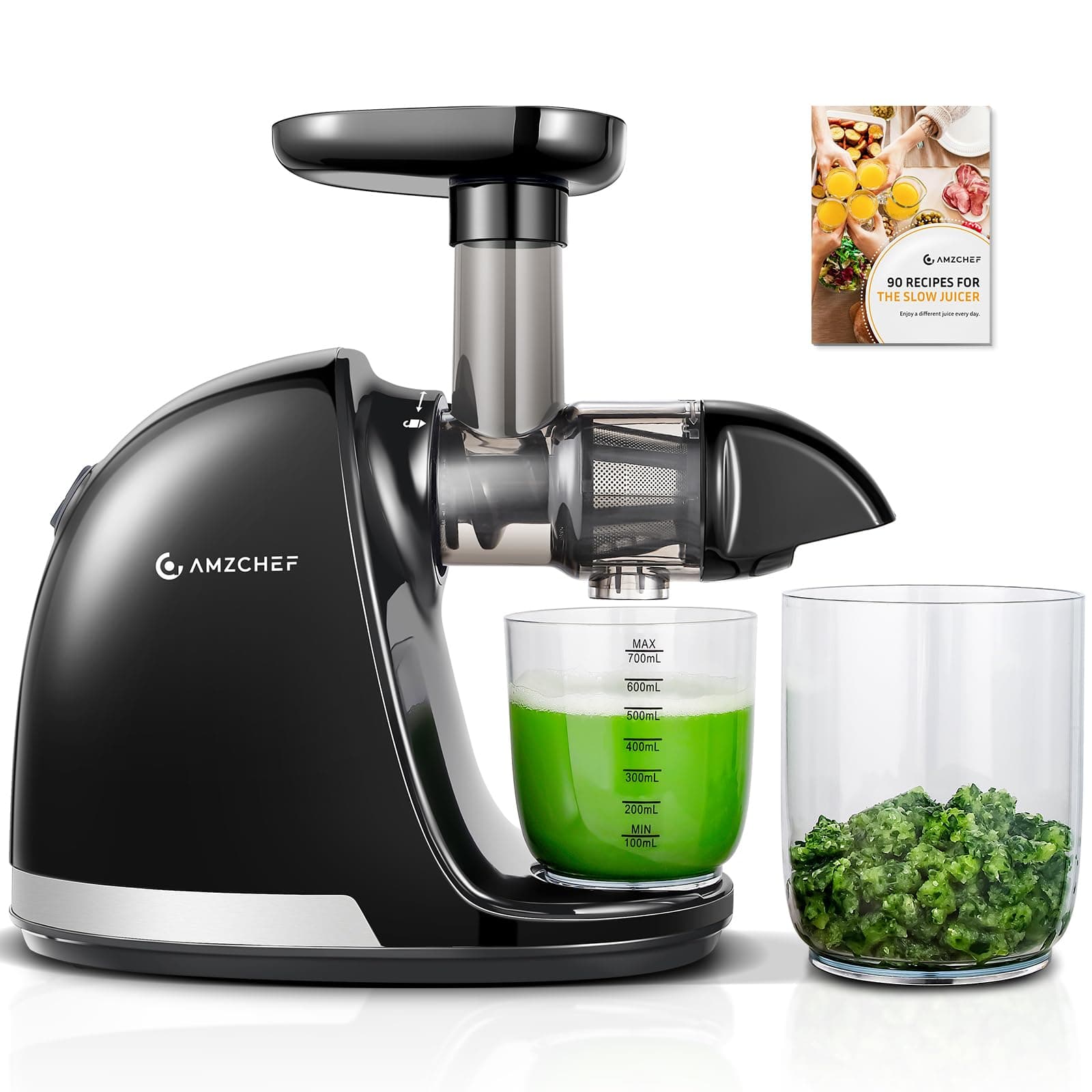 Cold Press Juicer Machines, AMZCHEF Slow Masticating Juicer with Reverse Function, High Juice Yield, Easy Clean with Brush, Recipes for High Nutrient Fruits and Vegetables, Black(Updated)