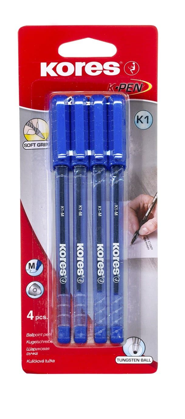 Kores - Blue Ballpoint Pens - K1, 1mm, Triangular, Fade Resistant, Smudge-Proof Ink - Back to School Supplies, Crafts and Writing Pens, Pens Multipack - Set of 4
