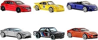 European Car Culture Multipacks of 6 Toy Cars, 1:64 Scale, Authentic Decos, Popular Castings, Rolling Wheels, Gift for Kids 3 Years Old & Up & Collectors, HLK51